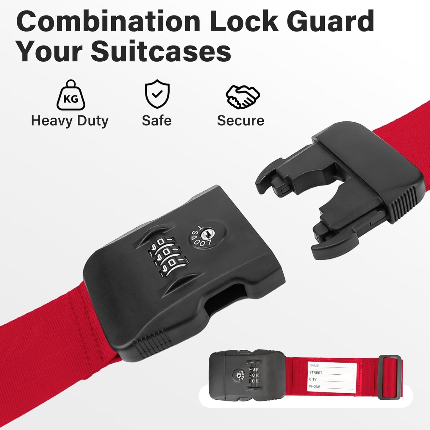 Luggage Straps, Red TSA Approved Luggage Strap Belt with Combination Lock for Suitcases, 2 Pack Adjustable Heavy Duty Cross Suitcase Straps with Name Tags for Travel, Carry On Bags, Protect Luggage