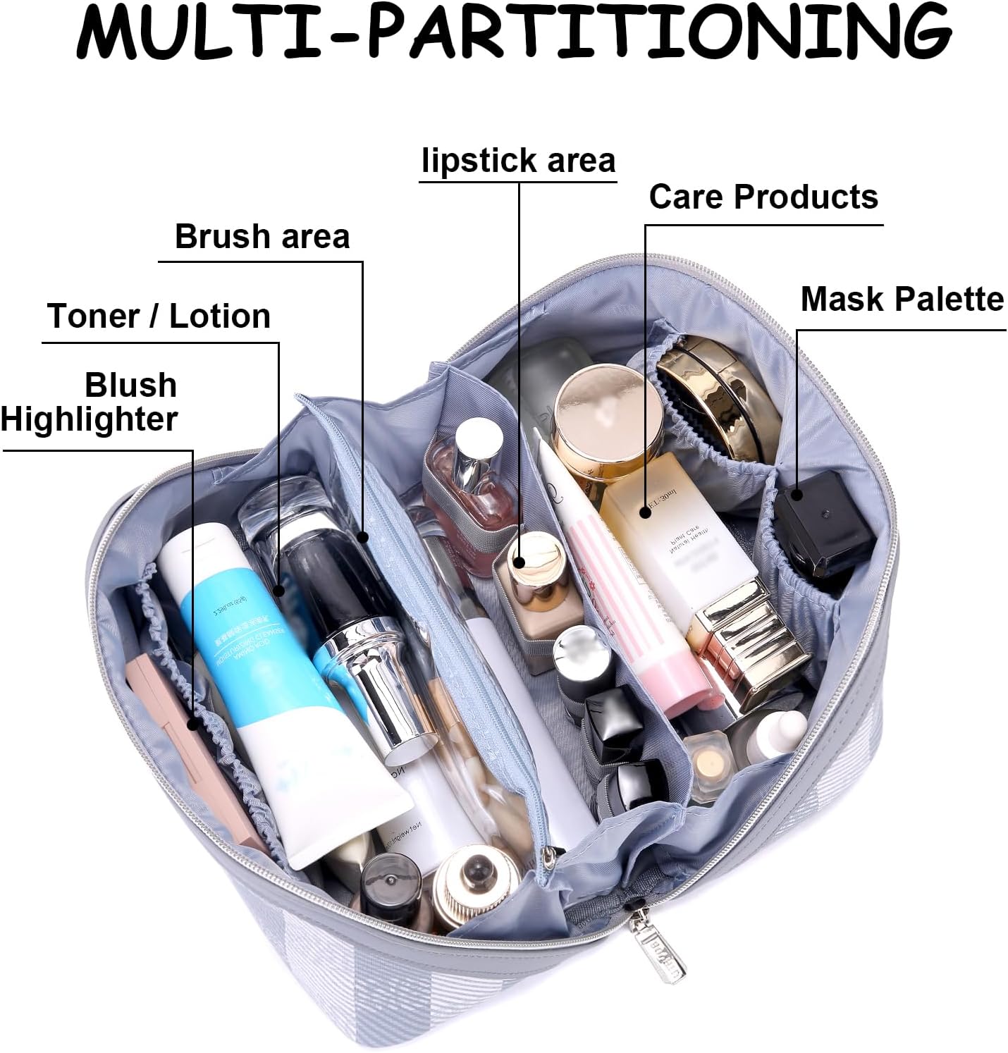 BOYATU Makeup Bag Travel Cosmetic Bag: 3 Pcs Set Portable Make up Bags for Women with Handle - Waterproof Vegan Leather Toiletry Organizer Bags with Comparments (F-05-Blue)