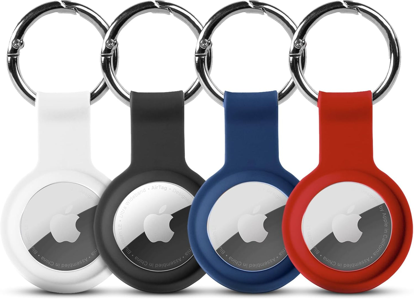 Apple AirTag 4 Pack Shockproof, Dustproof & Washable Cases, Silicon Holders with Accessories for Wallets, Luggage, Pet Collars, Key Finders (White - Black - Blue - Red)