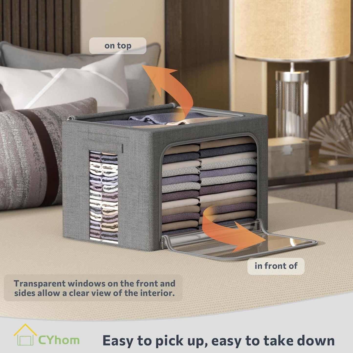 4 Pack Clothes Storage Bins with Metal Frame - Linen Fabric Foldable Stackable Container Organizer Set with Clear Window & Carry Handles & Zippers (Dark Gray, 23.6"x16.5"x15.7")