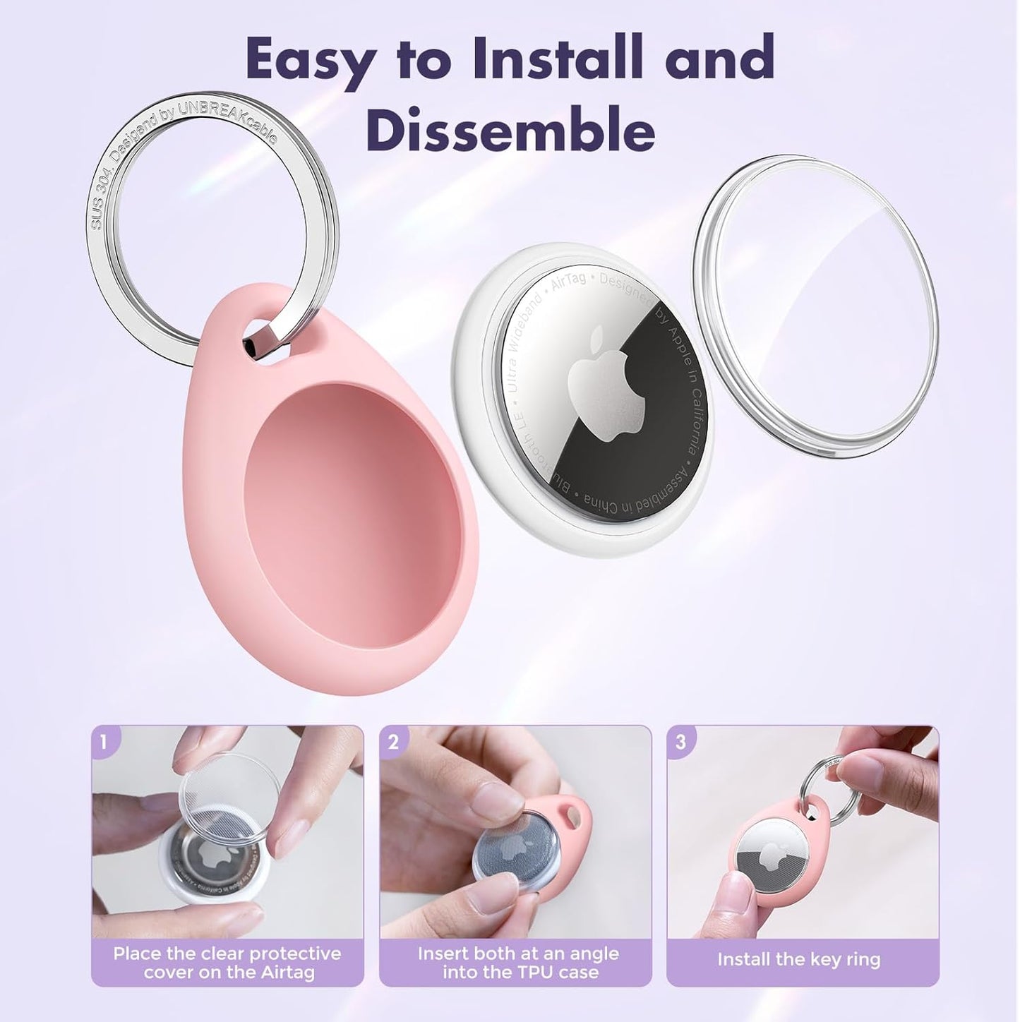 UNBREAKcable 4 Pack Macaron Colored for Apple AirTag Holder [Hold Air Tag Securely] [Easy to Install] Protective Case Waterproof TPU Shell with 304 Stainless Steel Key Ring Keychain