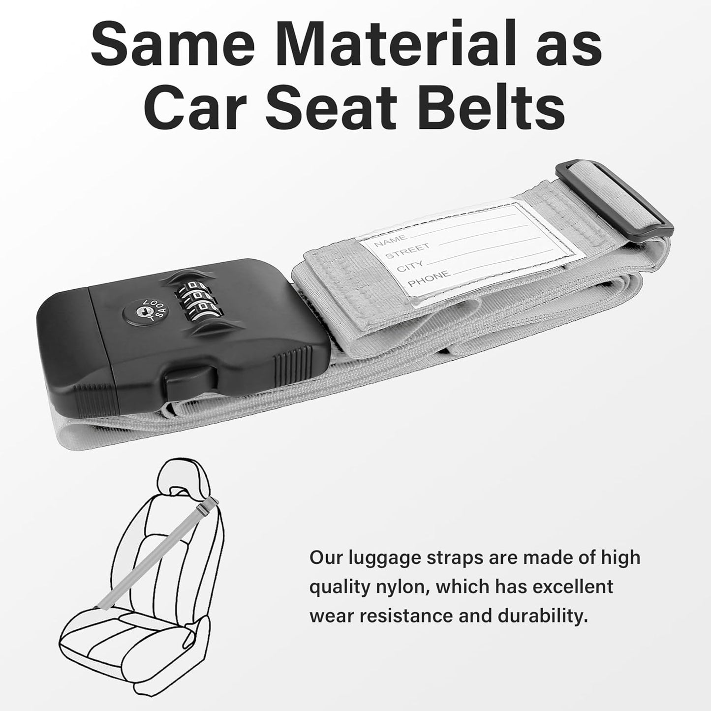 Luggage Straps, Grey TSA Approved Luggage Strap Belt with Combination Lock for Suitcases, 2 Pack Adjustable Heavy Duty Cross Suitcase Straps with Name Tags for Travel, Carry On Bags, Protect Luggage