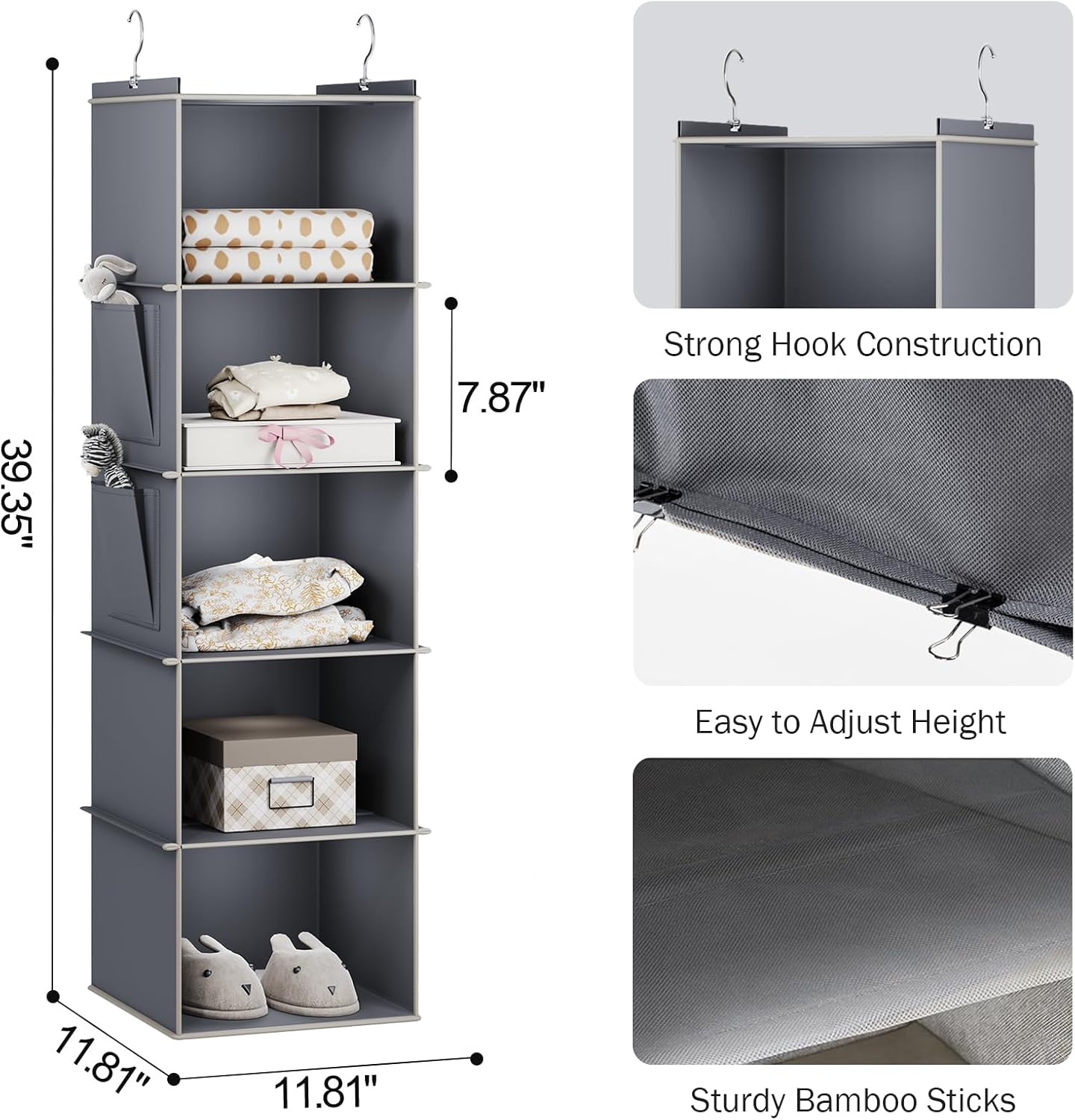 YOUDENOVA Hanging Closet Organizer, 5-Shelf Closet Hanging Storage Shelves, Grey