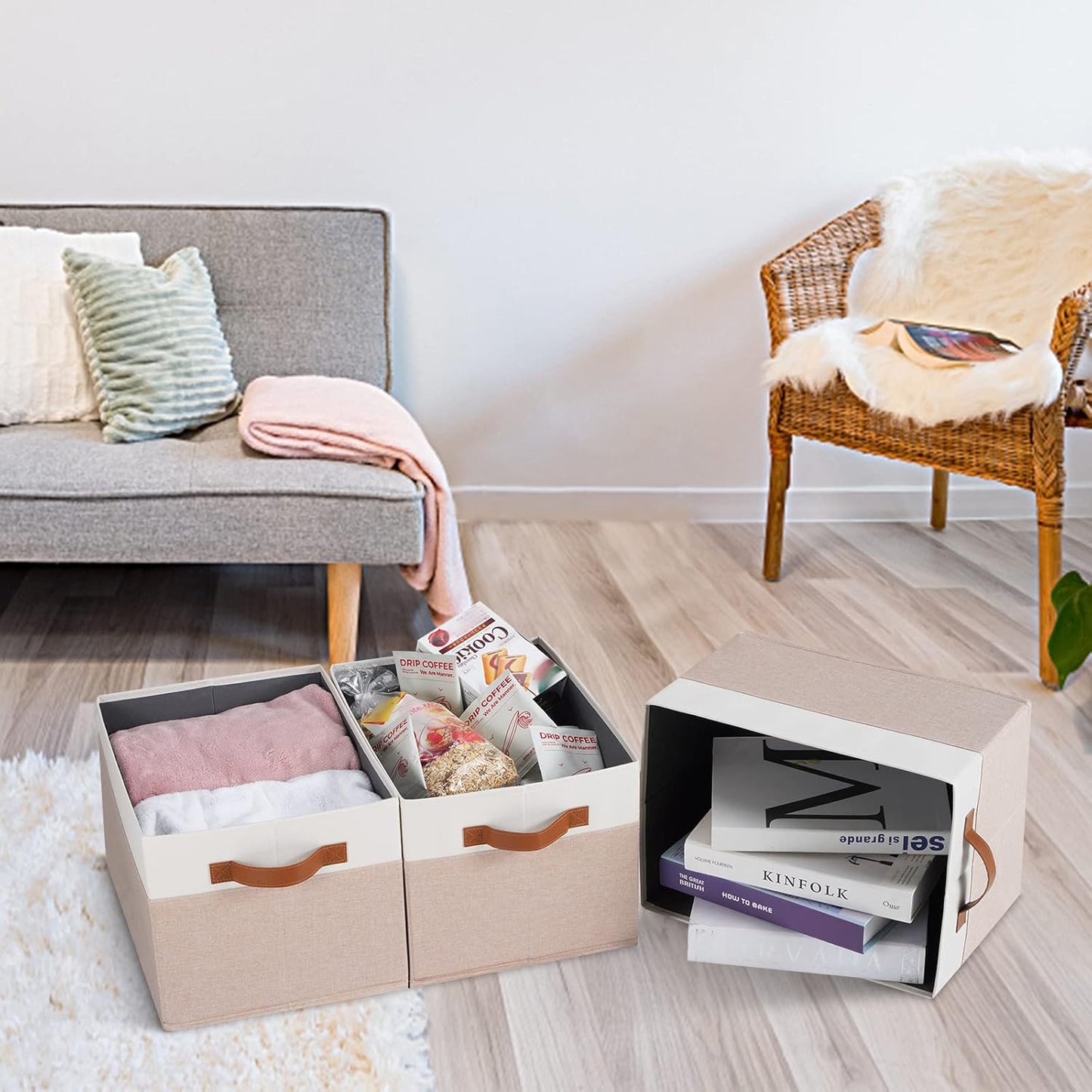 Large Fabric Storage Bins, Foldable Fabric Storage Baskets for Shelves, Sturdy Storage Boxes with PU Handles for Organizing Closet Home Bedroom Office (26L, 3 Packs, Pink&White)