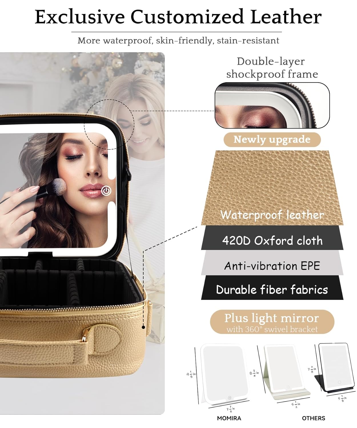 MOMIRA Travel Makeup Bag Cosmetic Bag with Lighted Mirror, Adjustable Brightness in 3 Color Scenarios/Detachable makeup mirror, All-round Upgrade, Waterproof, Gift for Women -Gold