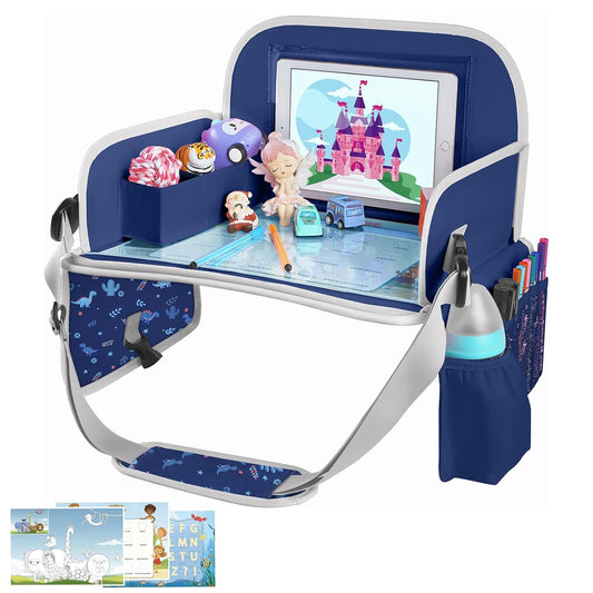MENZOKE Kids Travel Tray, Car Seat Tray with Educational Drawing Board, Tablet Holder & Cooler Cup Holder,Essential for Car Travel & Holiday Gifts, Dinosaur Print Pattern, Dark Blue