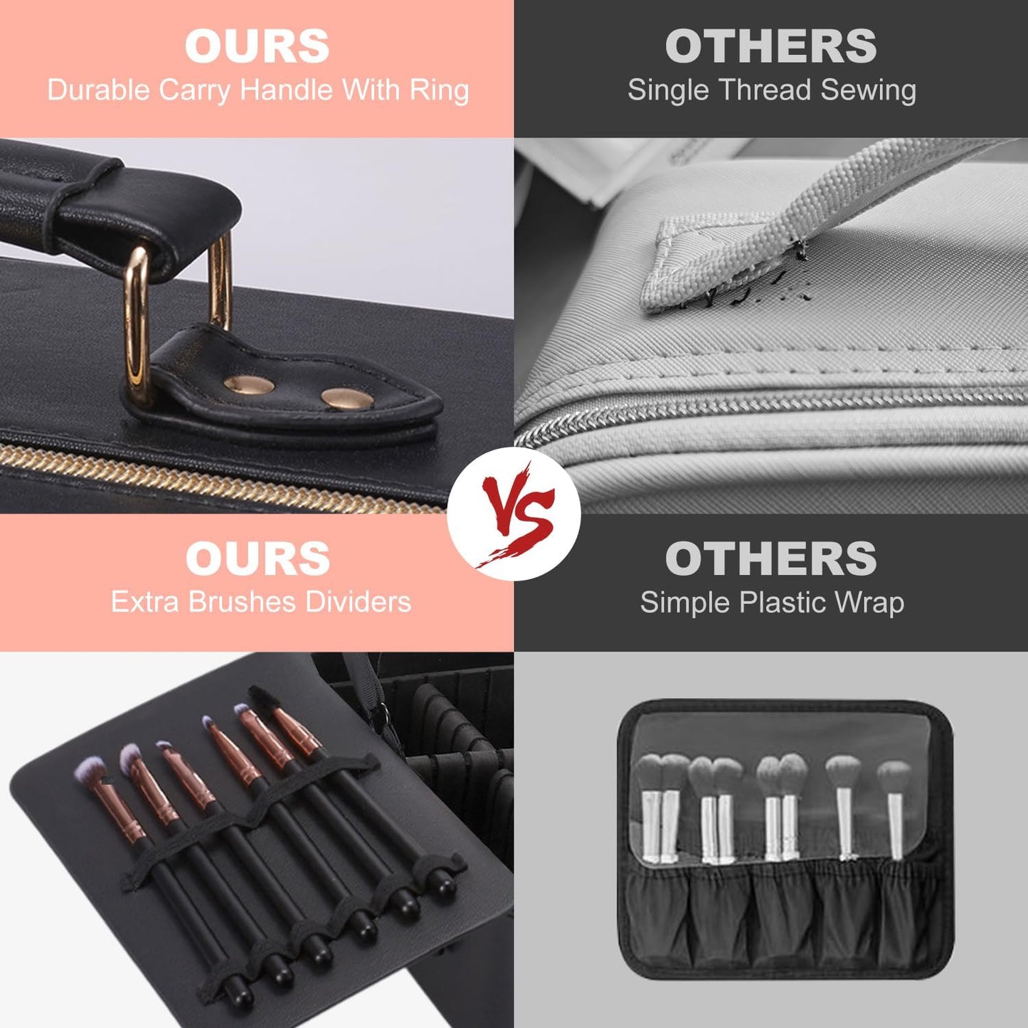 Mocado Travel Makeup Bag with LED Lighted Mirror,Makeup Case with 3 Color Lighted Setting and 10x Magnifying Mirror, Portable Storage and Adjustable Dividers (Black with Hard Leather)