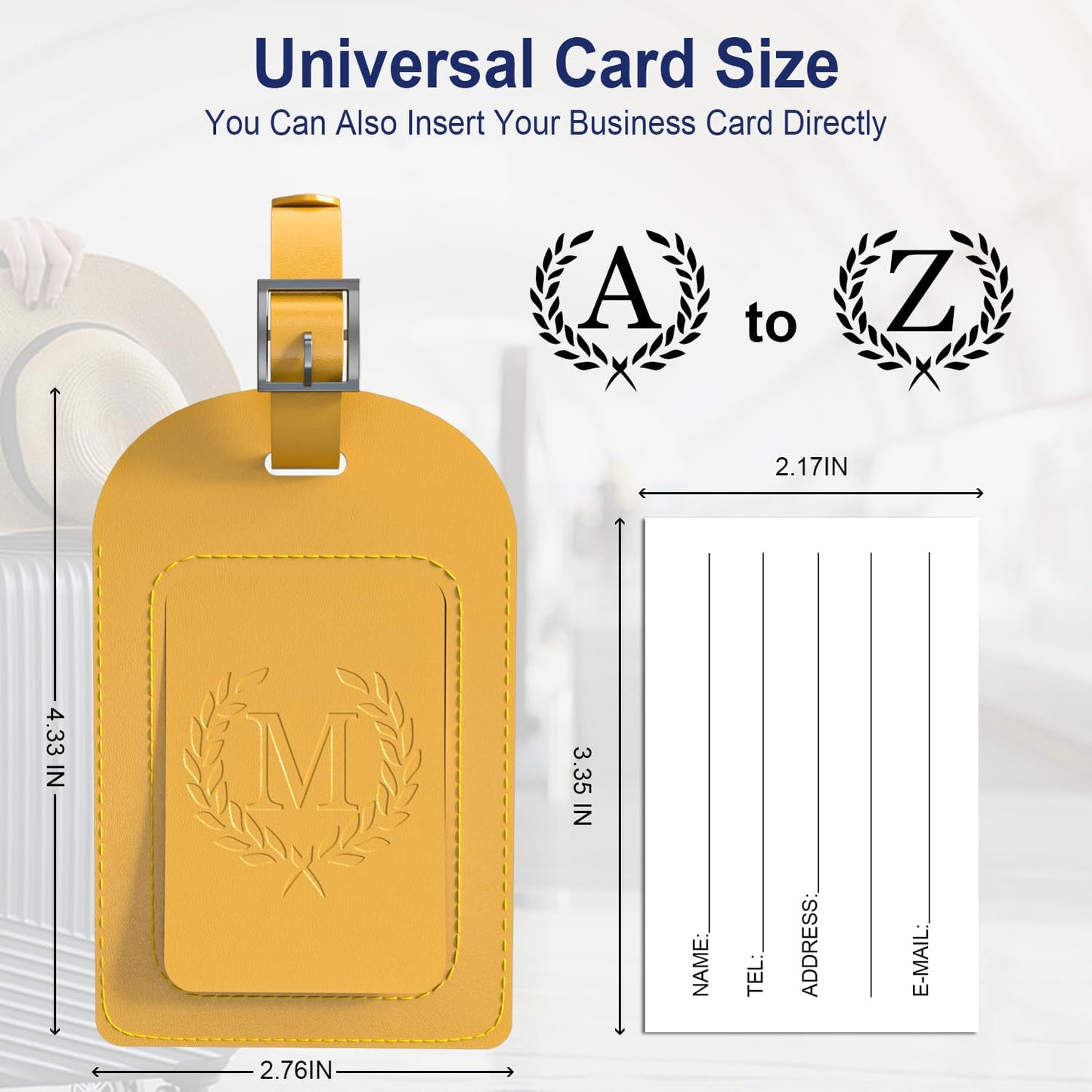 FESAS 3 Pack A-Z Alphabet Luggage Tags - Faux Leather Suitcase Tags with Privacy Cover & Replaceable Card - Initial Letter Monogram for Bags (Yellow)