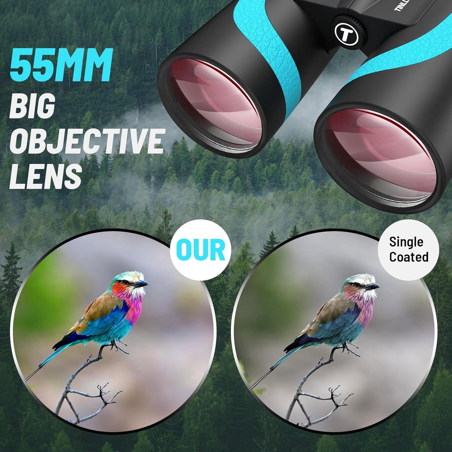15x55 HD Binoculars for Adults – High Powered Large View, BAK4 Prism, Waterproof & Lightweight for Bird Watching, Hiking, Travel, Cruise, Sports with Phone Adapter (Blue)
