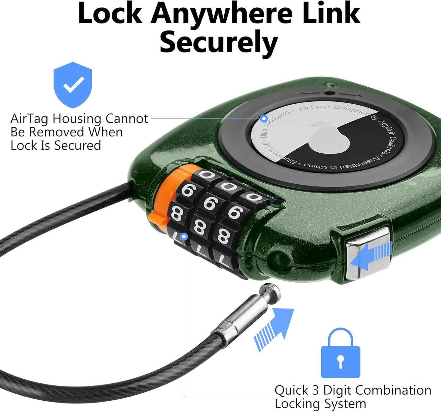 Compatible with Apple AirTag Secure Lock with Wire Cable, 3-Digit Combination Luggage Locks, Alloy Body Ultra Durable Anti-Lost Protective Case for Luggage, Bags, Suitcase, and Backpacks (GREEN)