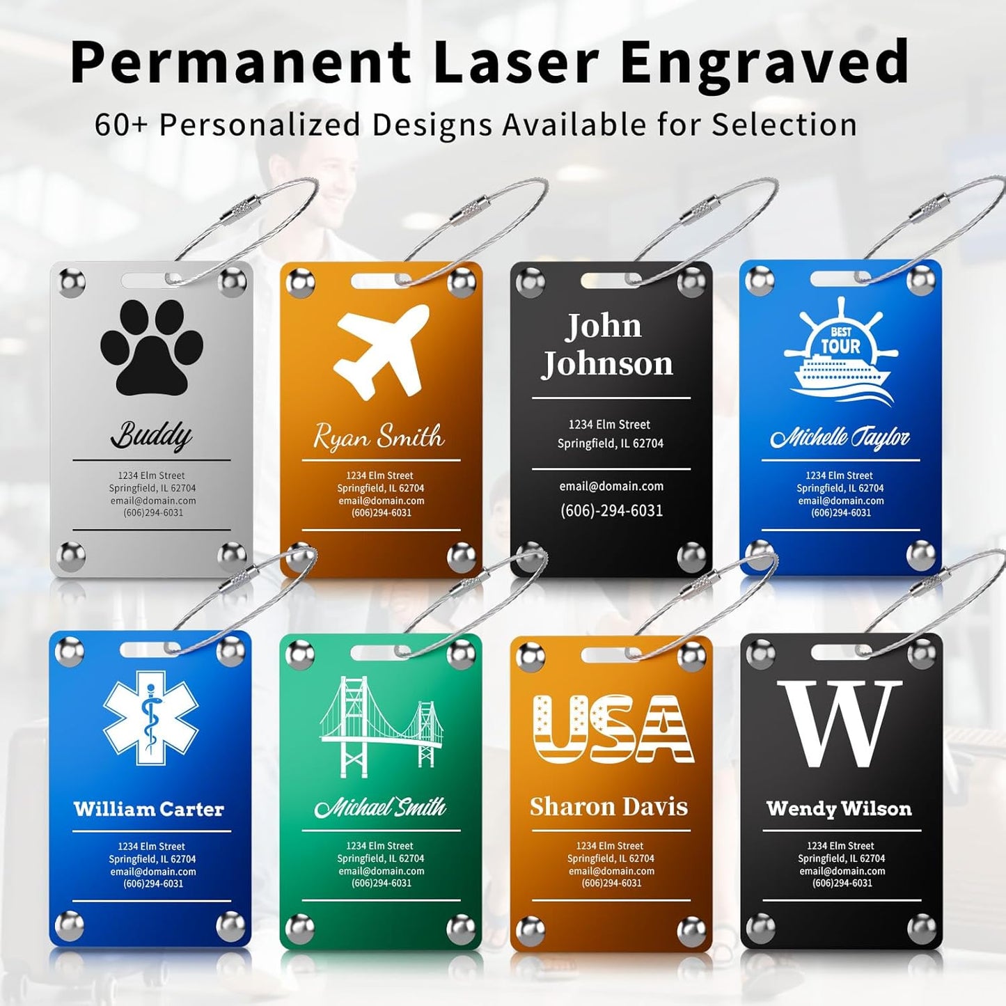 Personalized Luggage Tags for Suitcases, Engraved Stainless Steel Custom Luggage Tags for Cruise Travel, Suitcase Identifier Metal Name Baggage Tag, Bag Tags for Men Women Kids Backpacks