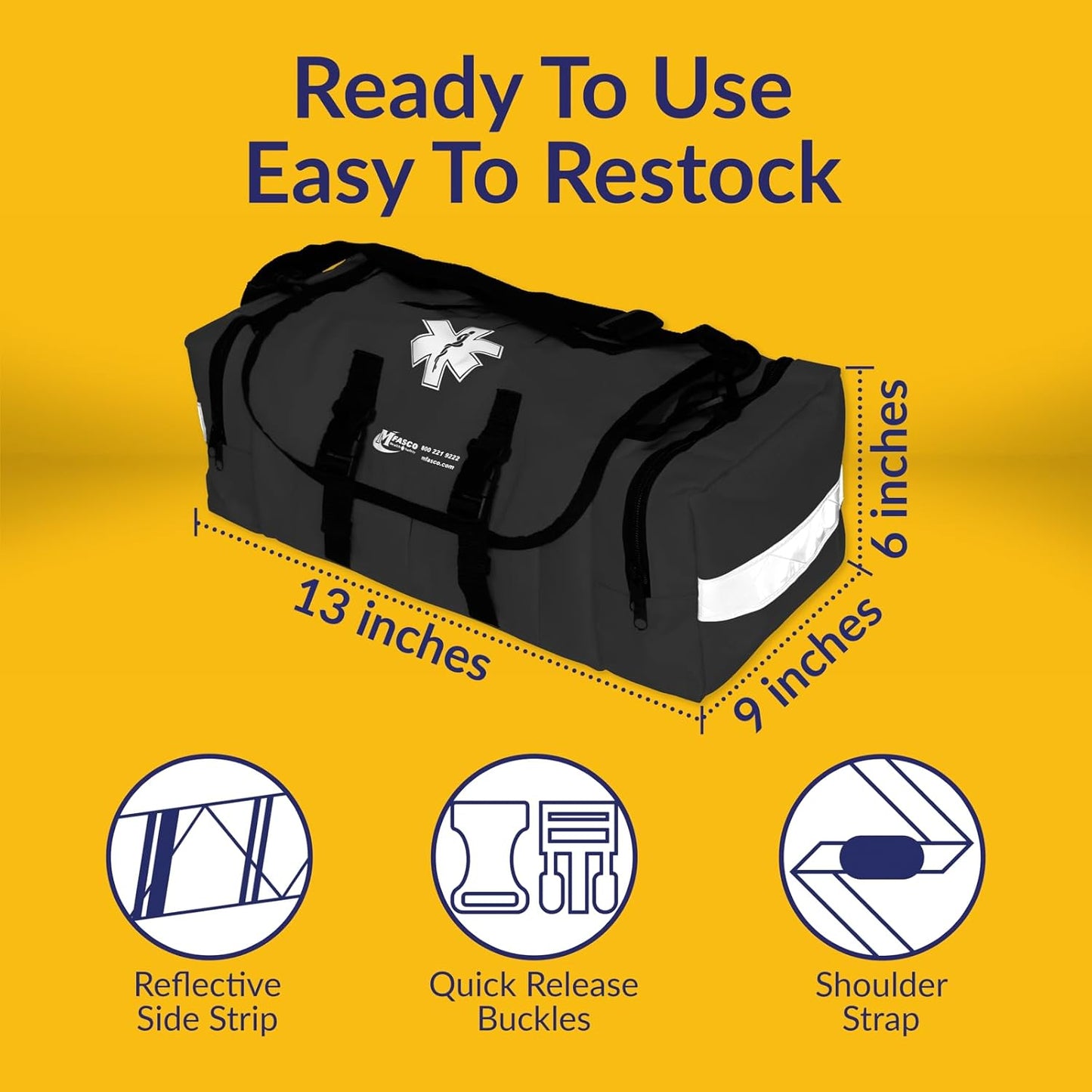 MFASCO First Aid Kit - Fully Stocked Portable Reflective Bag -First Responder Emergency Response Kit-for Natural Disaster Preparedness-Customizable Storage-Includes 415 Pcs First Aid Supplies-Black