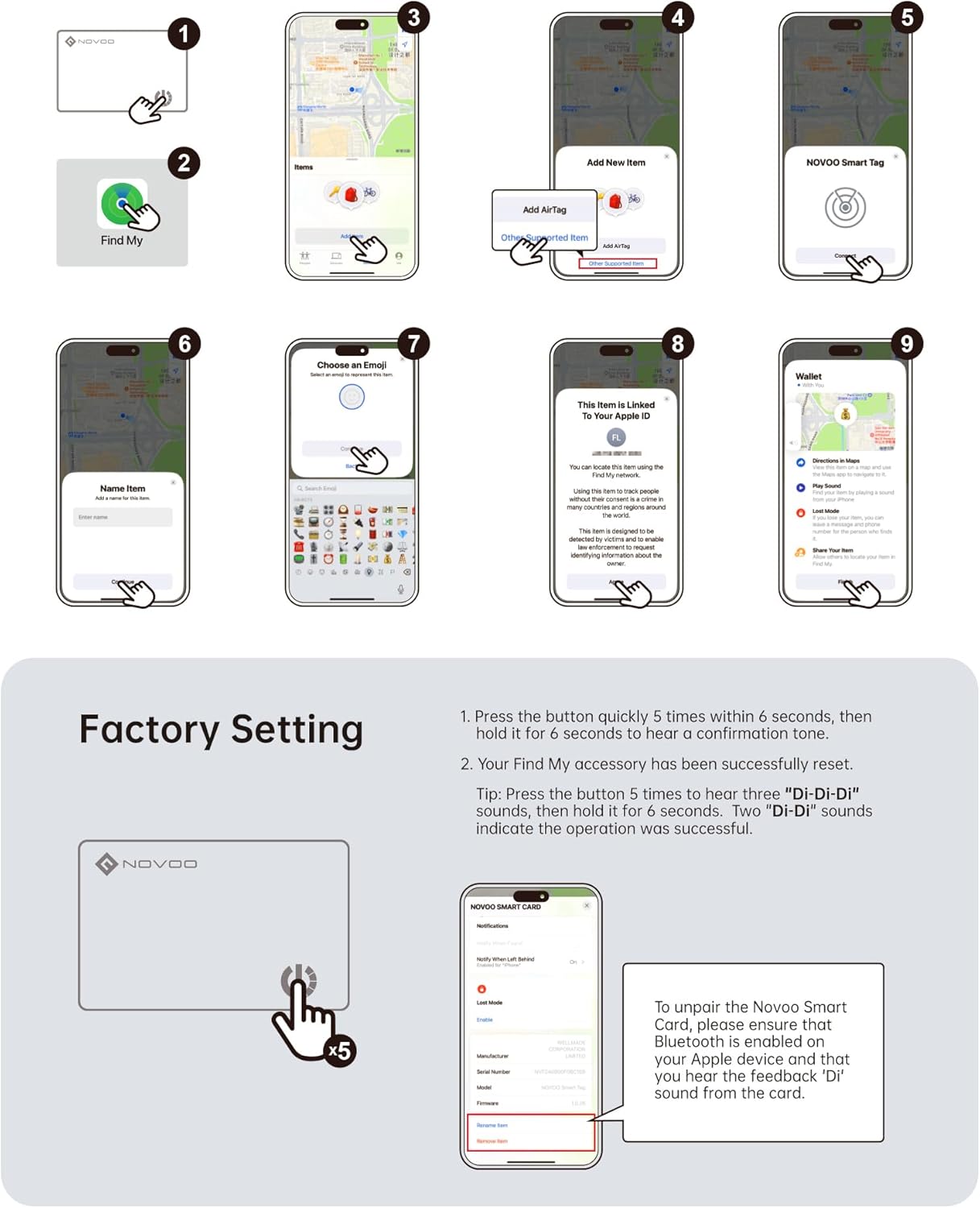 NOVOO Air Locator Tag (iOS Only) Wallet Tracker Card with Apple Find My, Smart Card Bluetooth Tracker, 6 Years Battery, IP68 Waterproof, 1.6mm Keys Finder and Item Locator for Keys, Bags, Passport
