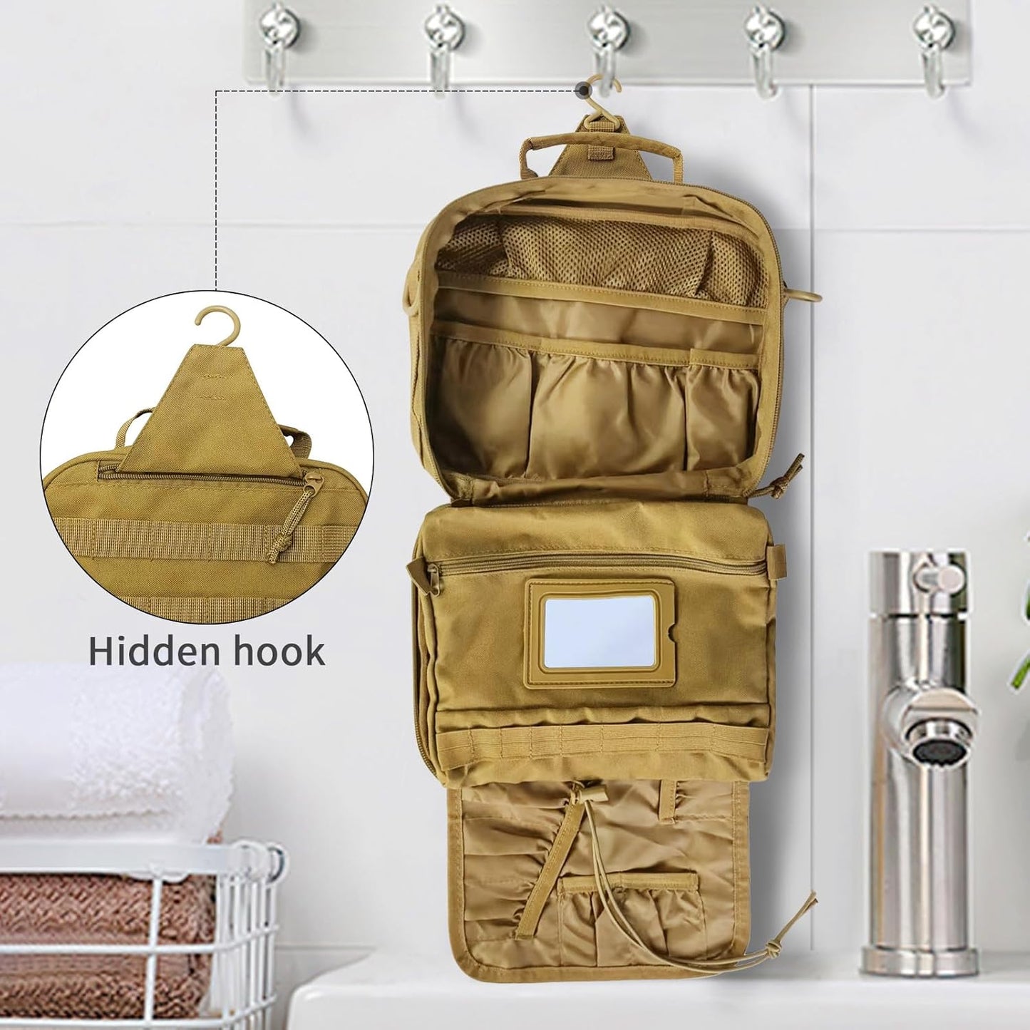 Toiletry Bag for Men, Travel Hanging Hook Toiletry Bag, Spacious Portable Organizer Dopp Kit Shaving Bag for Toiletries Makeup Accessories Tactical Essentials - Khaki