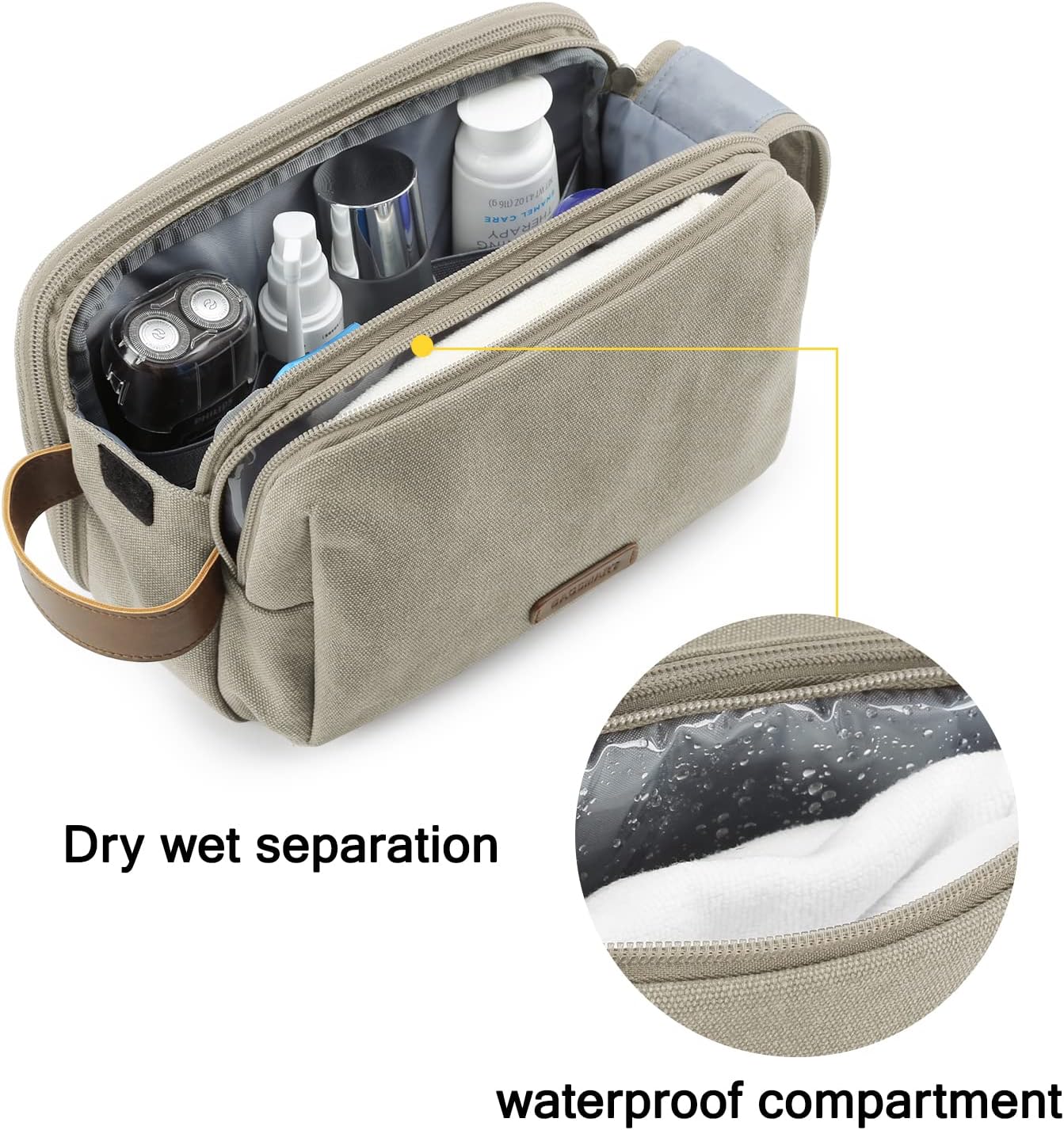 BAGSMART Toiletry Bag for Men, Canvas Travel Toiletry Organizer Dopp Kit Water-resistant Shaving Bag for Toiletries Accessories,Beige-Medium