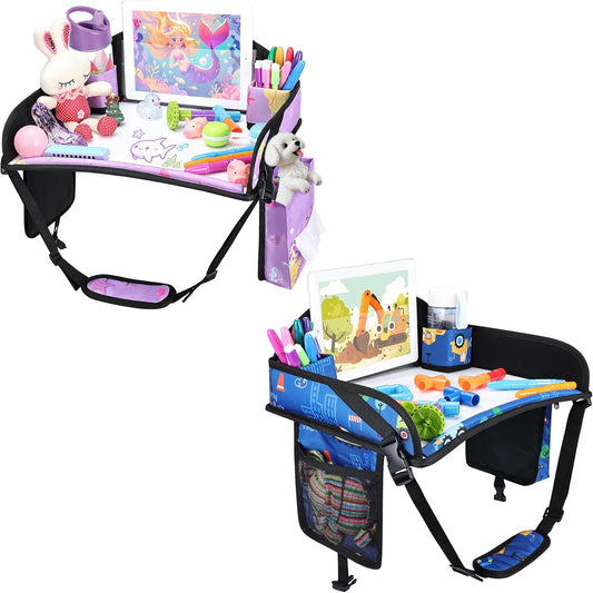 2PCS Kids Travel Tray for Airplane - Toddler Car Seat Table Tray, Road Trip Essentials for Boys & Girls, Carseat Lap Desk for Kids Road Trip Activities (Dark Blue Car/Purple Mermaid)