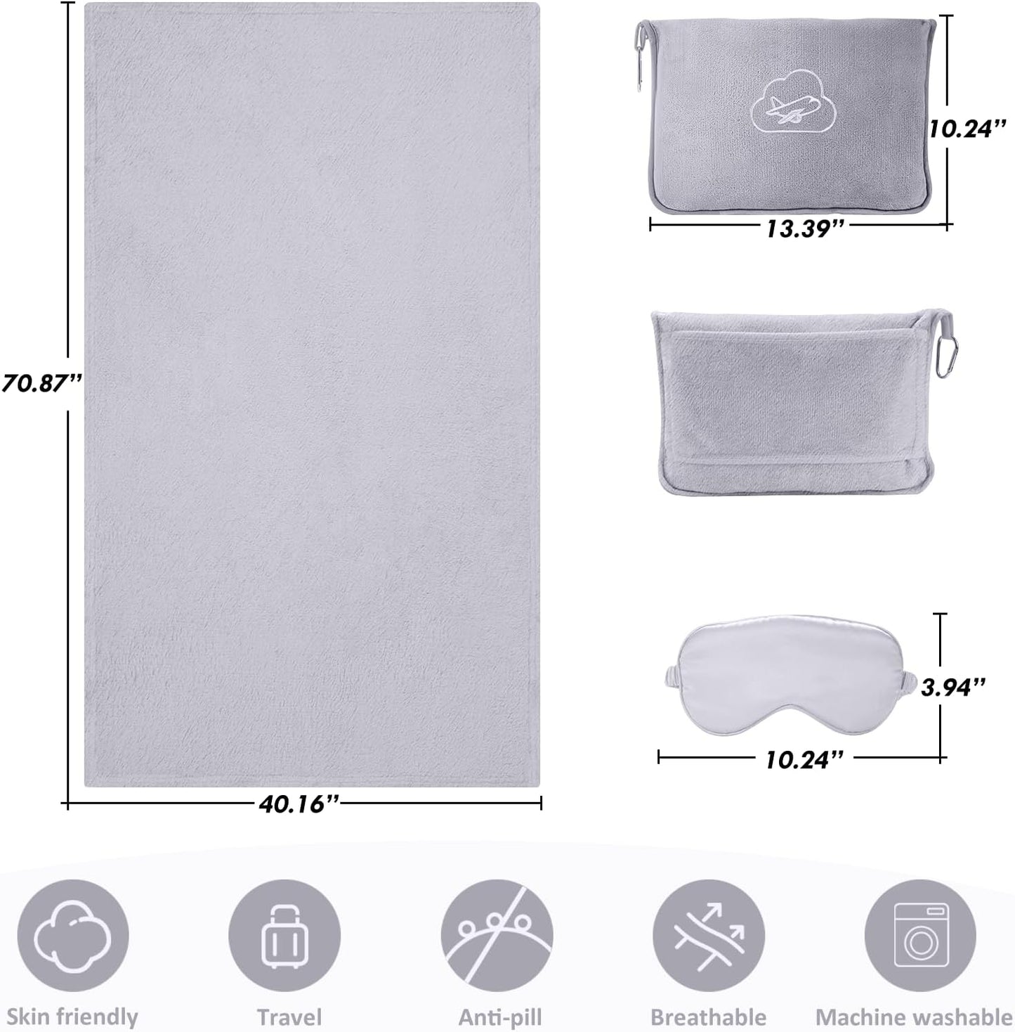 Travel Blanket, Ultra-Soft, Warm & Lightweight Travel Blanket Airplane with Bag, 65x40 in, Airplane Travel Essentials for Women, Men & Kids, Included Eye Mask, Luggage Sleeve & Backpack Clip
