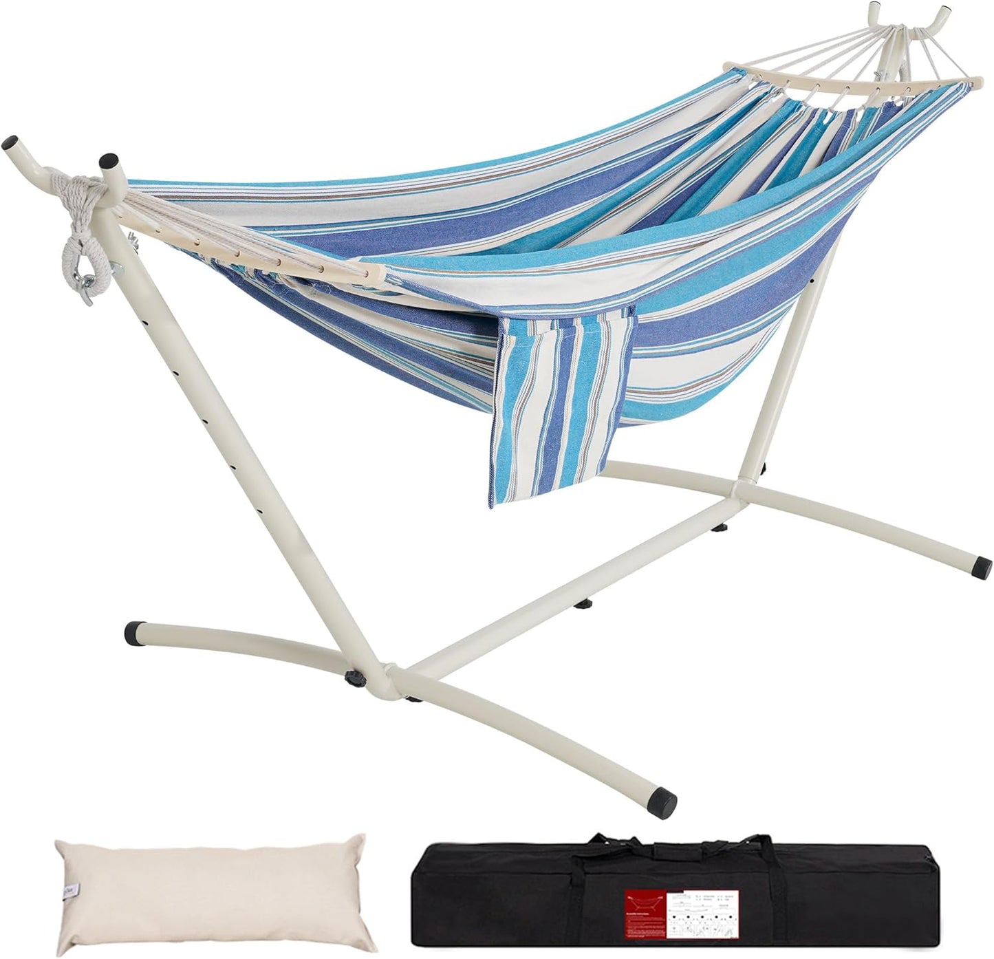 LazyDaze Hammocks Double Hammock with Stand - 2 Person Heavy Duty Outdoor Hammock for Adults, Includes Durable Steel Stand, Portable Carrying Bag and Pillow, Blue Stripes