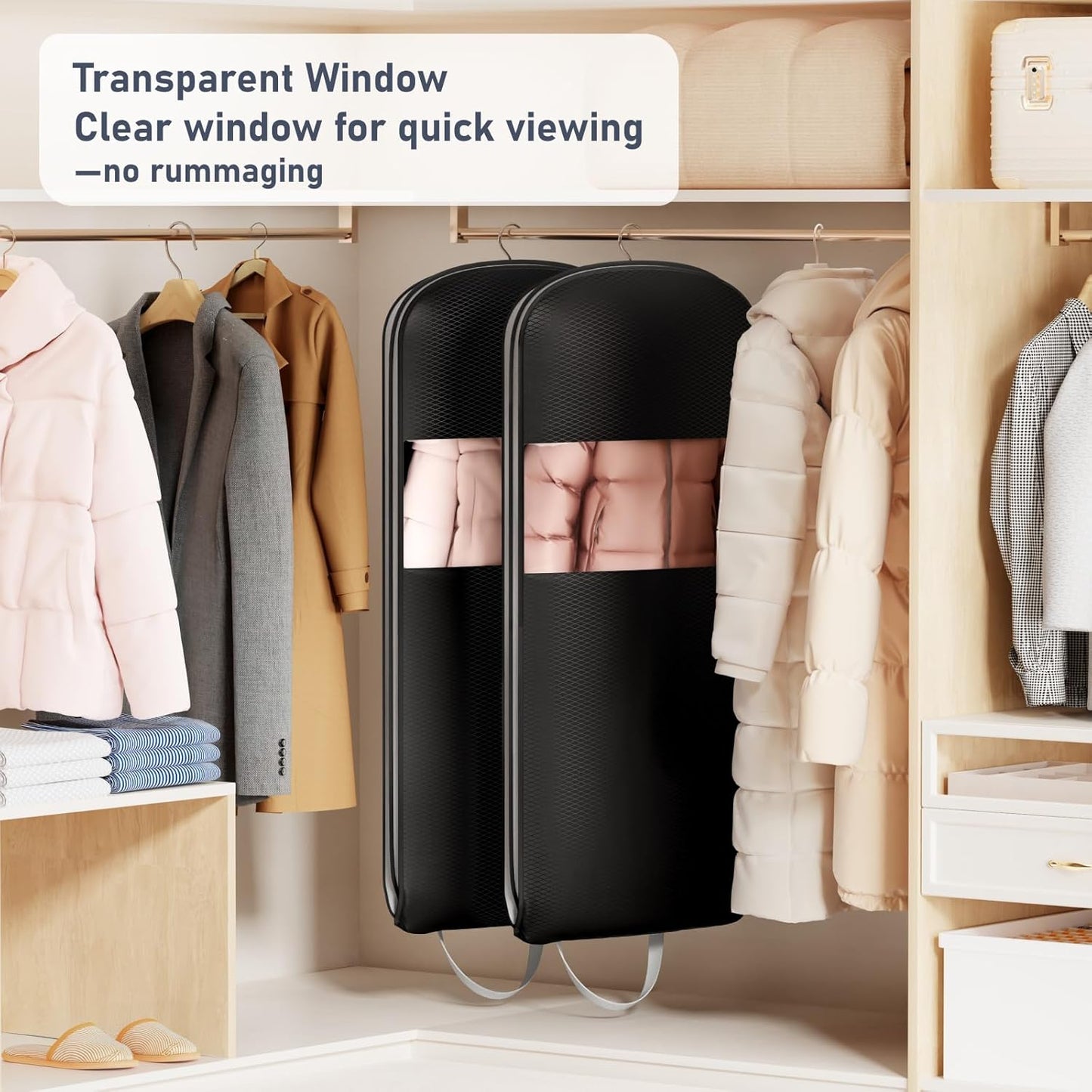 DIMJ 4 Pack 54" Garment Bags for Hanging Clothes - Space Saving Compression Suit Bag Travel with Handles Window, Washable Carry Clothing Storage Cover for Dress, Coats, Down Jacket, Shirts