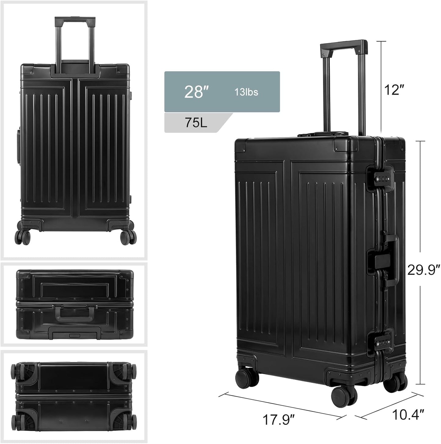 All Aluminum Carry On Luggage，Cut from Whole Aluminum Sheet，22x14x9 Airline Approved ，（3rd Generation，Premium Metal zipperless suitcase ） (black, 28inch)
