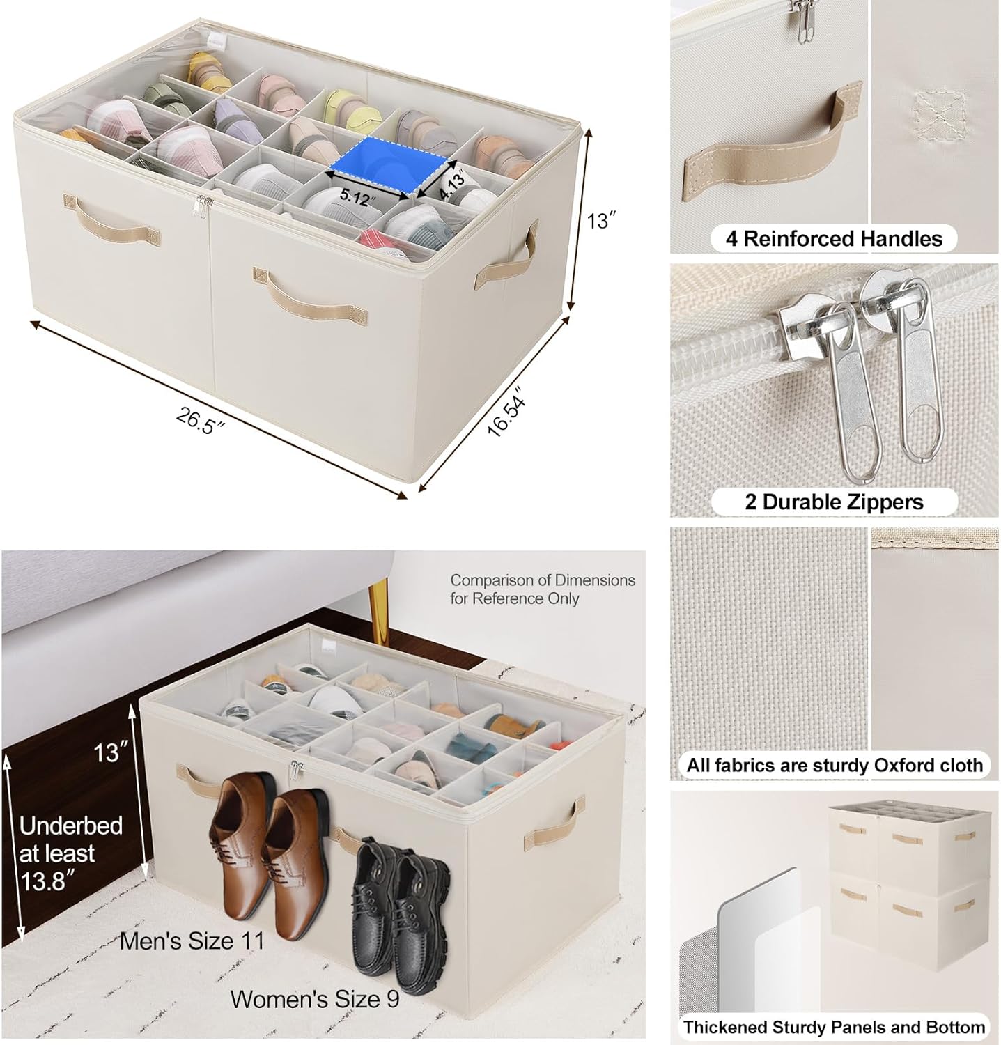 Shoe Organizer for Closet 2 Pack, Foldable Shoe Box with Adjustable Divider and Clear Cover, Space Saving Shoe Storage Organizer Cabinet with Reinforced Handles, Fits 40 Pair, Beige, TP11Y