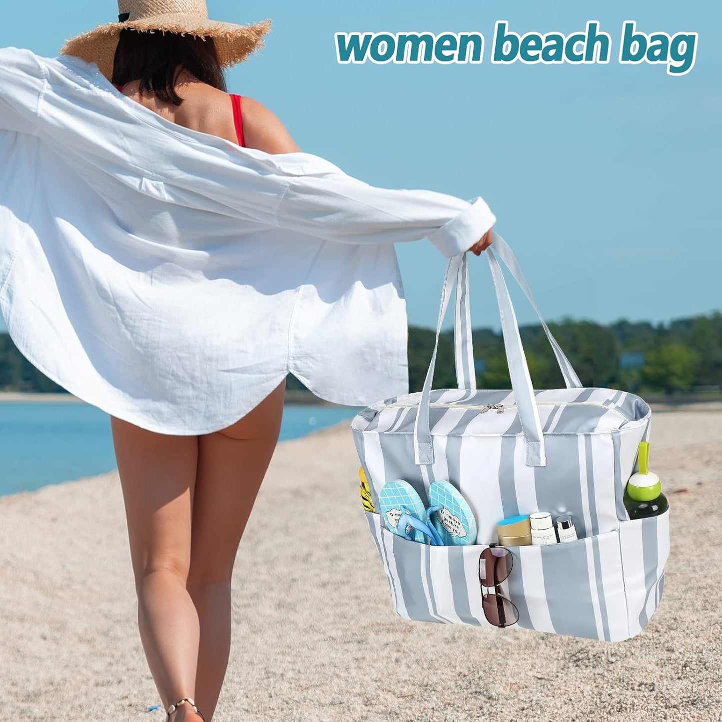 LEDAOU Beach Bag Waterproof Sandproof Women Tote Bag Pool Bag with Zipper for Gym Grocery Travel with Wet Pocket