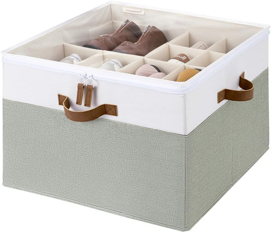 StorageWorks Shoe Organizer for Closet, Fits up to 16 Pairs, Shoe Cubby Storage Containers with Adjustable Dividers and Clear Cover, Green & White