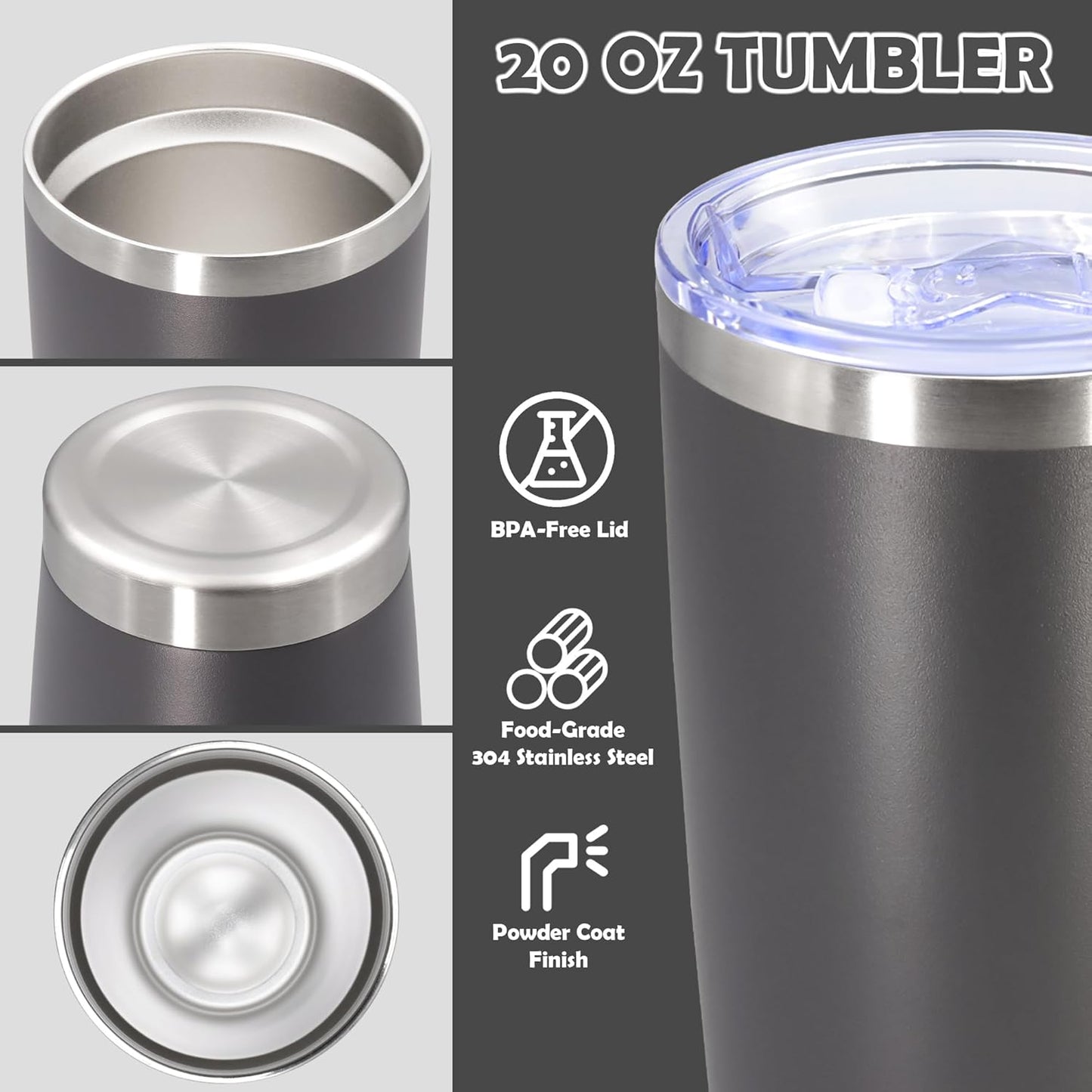 20oz Tumbler Bulk Stainless Steel Tumbler Cup with Lid Vacuum Insulated Double Wall Travel Mug, Durable Powder Coated Travel Coffee Tumbler Mug for Hot & Cold Drinks, Grey,8 Pack