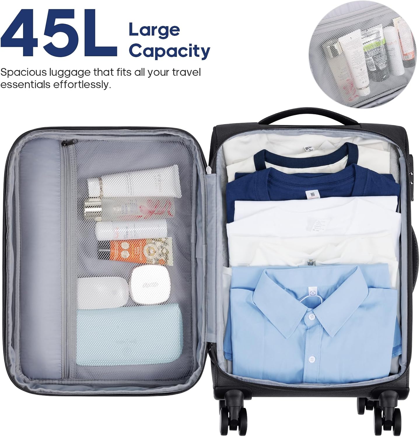 UKEIN Softside Expandable Carry On Luggage 22x14x9 Airline Approved, 20 Inch Carry On Suitcase with Wheels & TSA Lock, Travel Suitcase with 4-Piece Packing Bags for Women Men