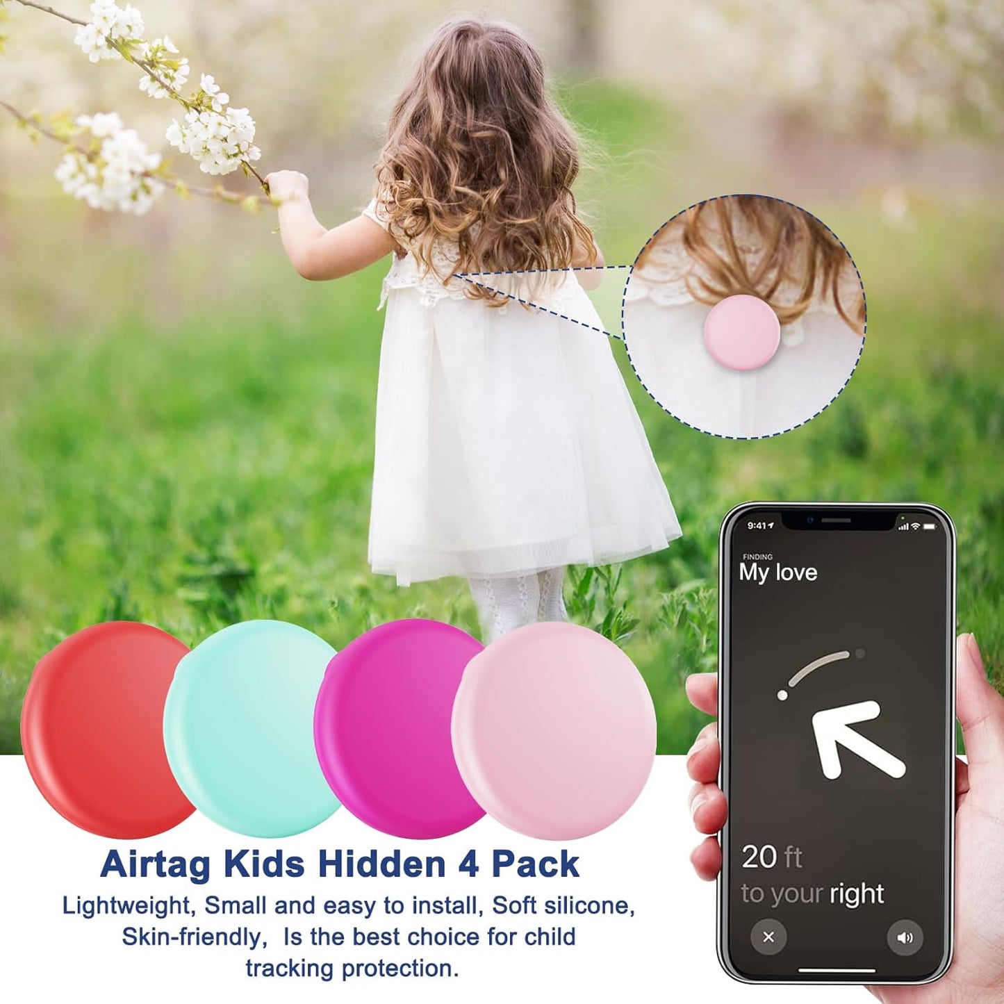 for Air Tags-4 Pack Apple Kids Hidden, for Airtag Holder for Kid, for AirTag Hidden Kid Holder with Invisible Pin, Anti Lost, for Kids, Elderly, Luggage, Clothing (Mint Green Red Rose Pink)