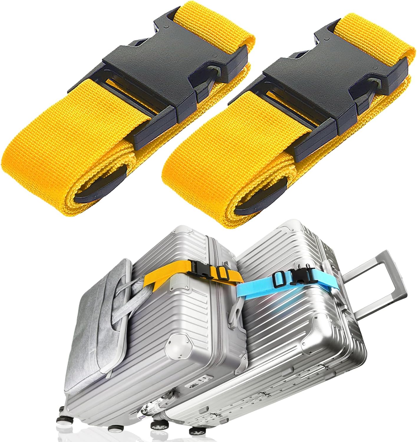 2Pack Luggage Straps for Suitcases, Travel Connector for Carry On Bag, Add Bag to Connect Two Suitcases, Adjustable Belt Attachment Accessories for Connect Your 3 Luggages, Yellow