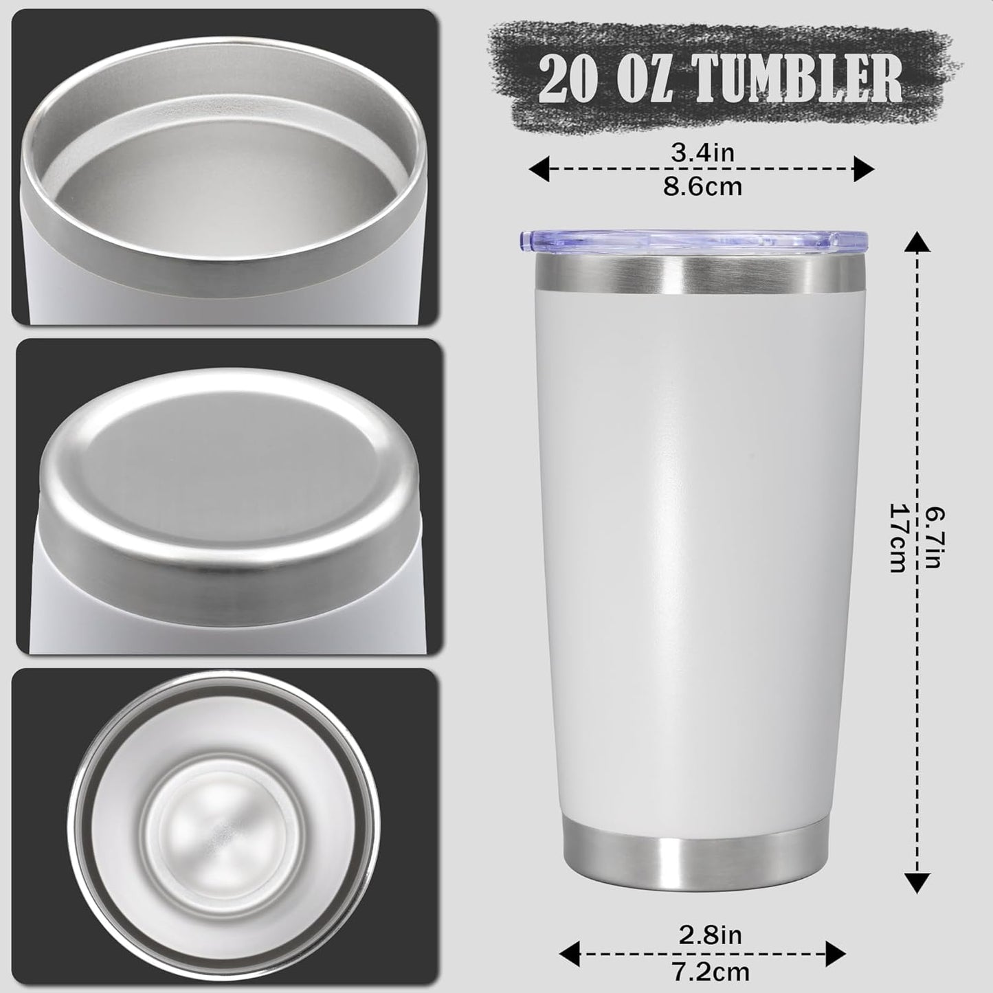20 oz Tumbler Coffee Tavel Tumblers Bulk with Lid Stainless Steel Double Wall Vacuum Insulated Mug Powder Coated Cups fit Car Cupholder for Hot and Cold - White, 8Pack