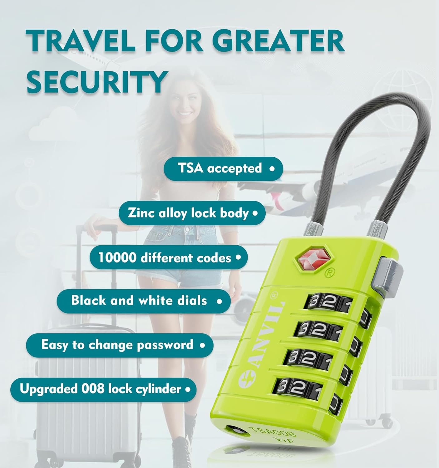 ANVIL 4 Digit Luggage Locks, TSA Locks for Luggage, Advanced TSA008 core, Alert Indicator for Your Travel Lock, Suitcase Lock. (3, Grass Green)
