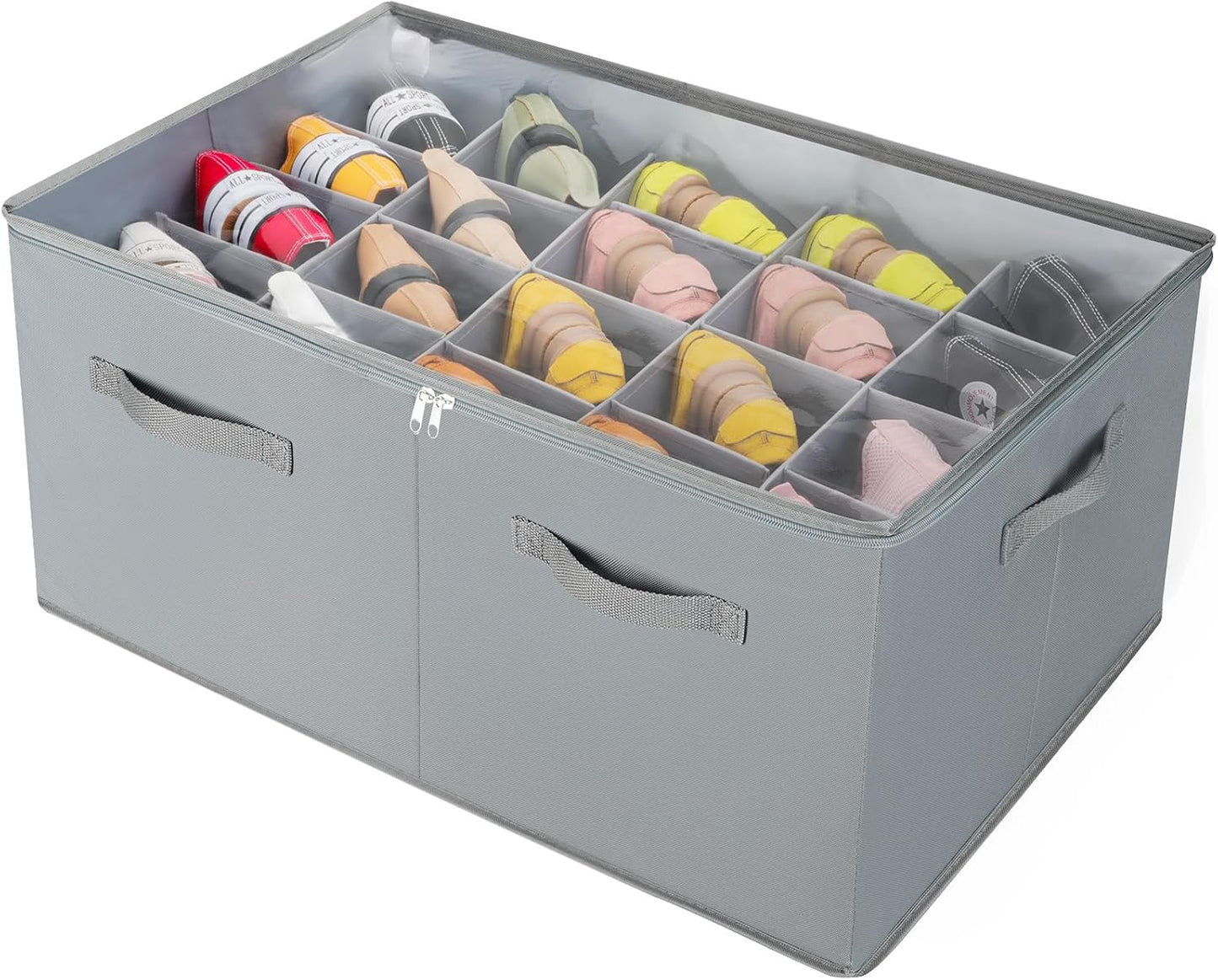 Shoe Organizer for Closet, Foldable Shoe Box with Adjustable Dividers and Clear Cover, Space Saving Shoe Storage Organizer Cabinet with Reinforced Handles, Fits 20 Pairs, Gray, TP10G