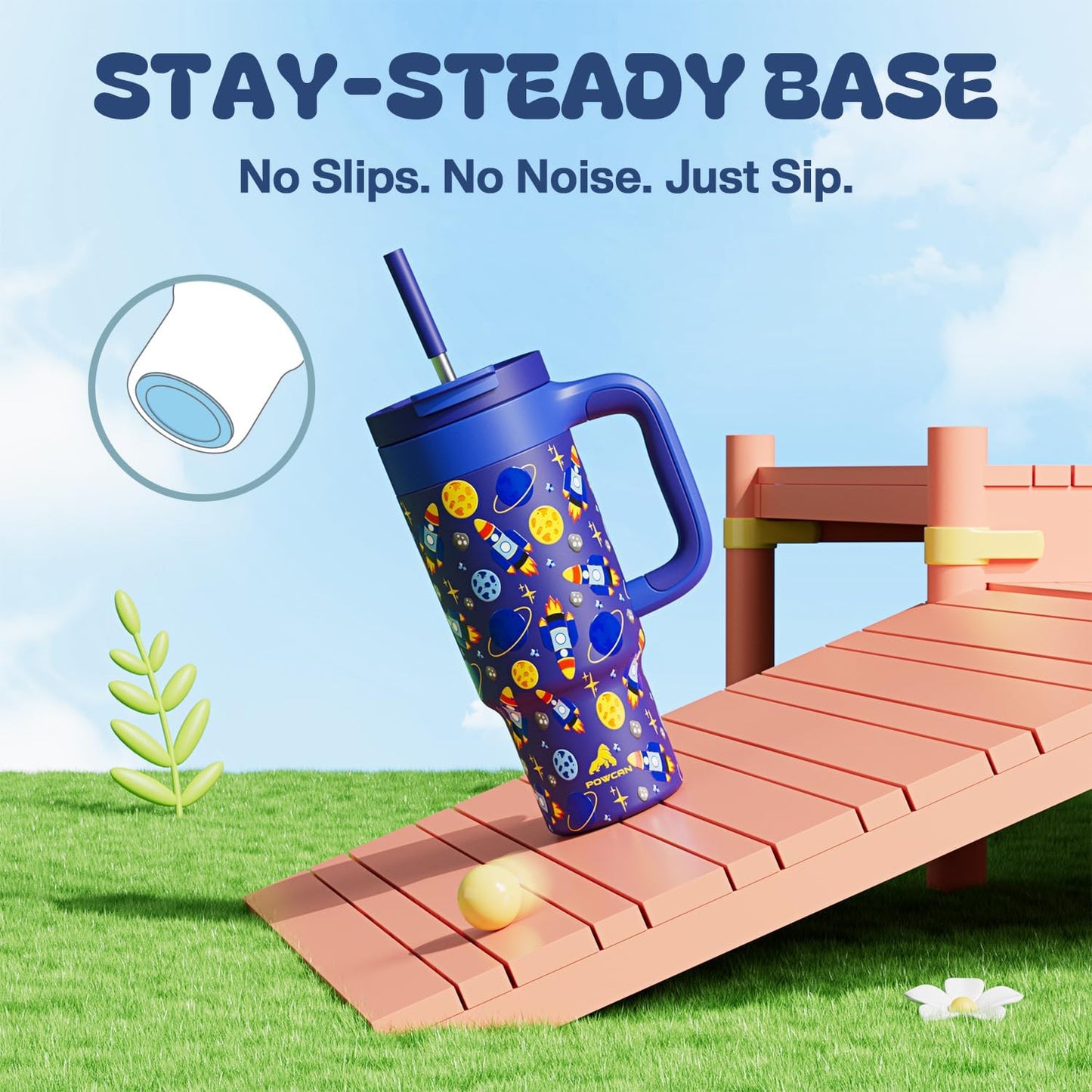24 oz Stainless Steel Tumbler for Children: Durable Handle, Easy to Clean, Straw Gulp Lid, Car Cup Holder Friendly, Insulated Cup for Sport, Hiking, Carry, Adventures, Bag, Classroom (Space Rocket)