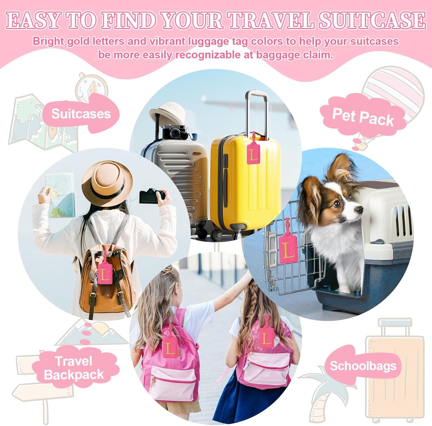 Personalized Initial Luggage Tag, Rose Red Leather, Cute Luggage Tags With Privacy Cover, Embroidered Custom Monogram, Gifts for Women, Kids