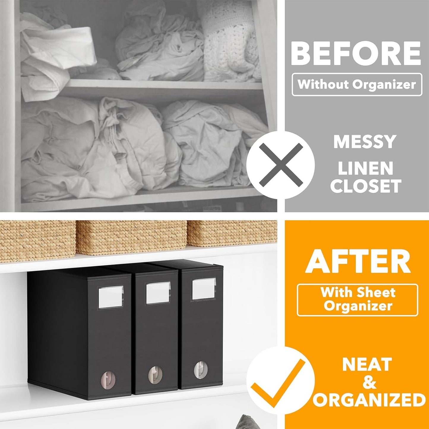 SpaceAid 3 Pack Bed Sheet Organizers and Storage, Foldable Organizer for Linen Closet, Set Folder Keeper With Window XL (Queen & King Size) Bedding Container (Black)