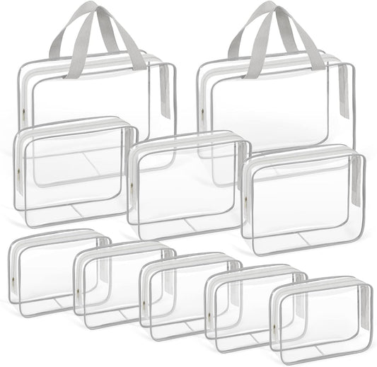TISRATOK 10 PCS Clear Travel Makeup Toiletry Bag, Plastic PVC Cosmetic TSA Approved Organizer Kit with Zipper Handbag（Grey）