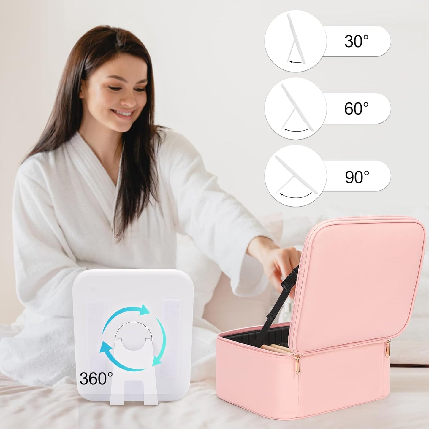 Makeup Bag With LED Mirror, Travel Makeup Case with Light up Mirror Large Cosmetic Case with 3 Color Lighted Portable Professional Organizer Bag with Adjustable Dividers（Pink）