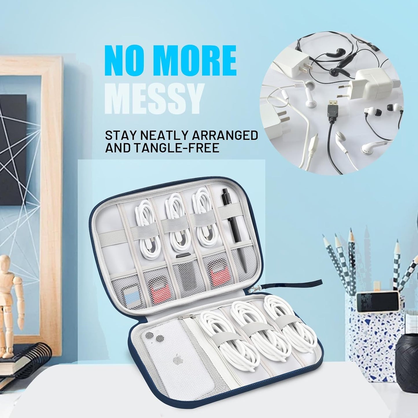 Travel Cable Organizer Bag, Electronics Organizer Tech Pouch with Double Layers for Cords, Chargers, Phone, Earphones, USBs, SD Cards - Travel Essentials Portable Waterproof Tech Pouch