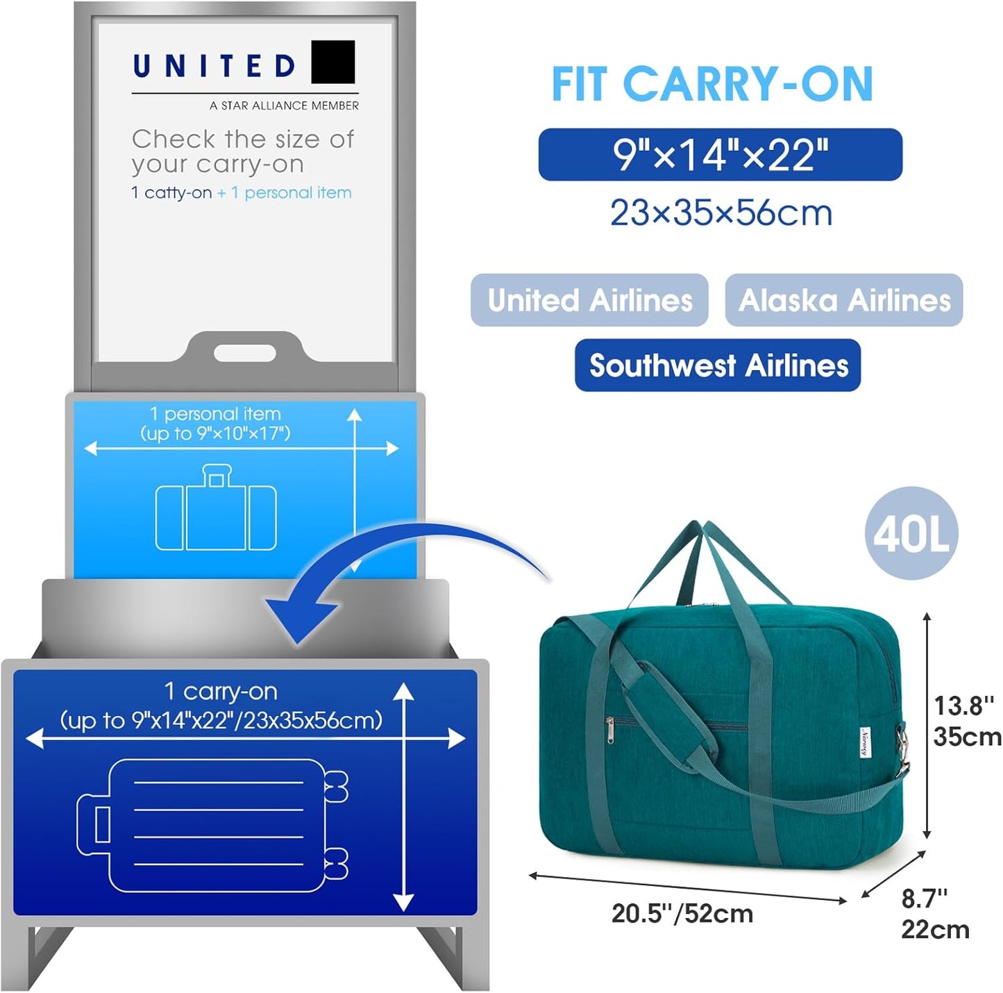 Carry on luaggage 22x14x9 Airlines Approved Foldable Carry on Bag Travel Duffel Packable Duffle Overnight for Women and Men 40L (Teal)