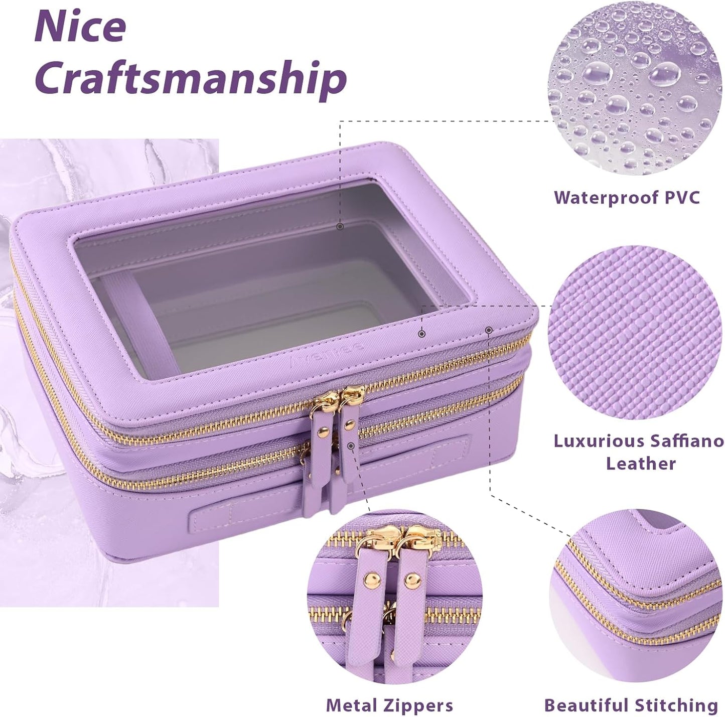 Aveniee Clear Makeup Bags, Double Layer Cosmetic Bags with a Separate Brush Compartment, Large Travel Toiletry Bag Train Case for Women, Travel Accessories Organizer.2 Layers Large, Lilac