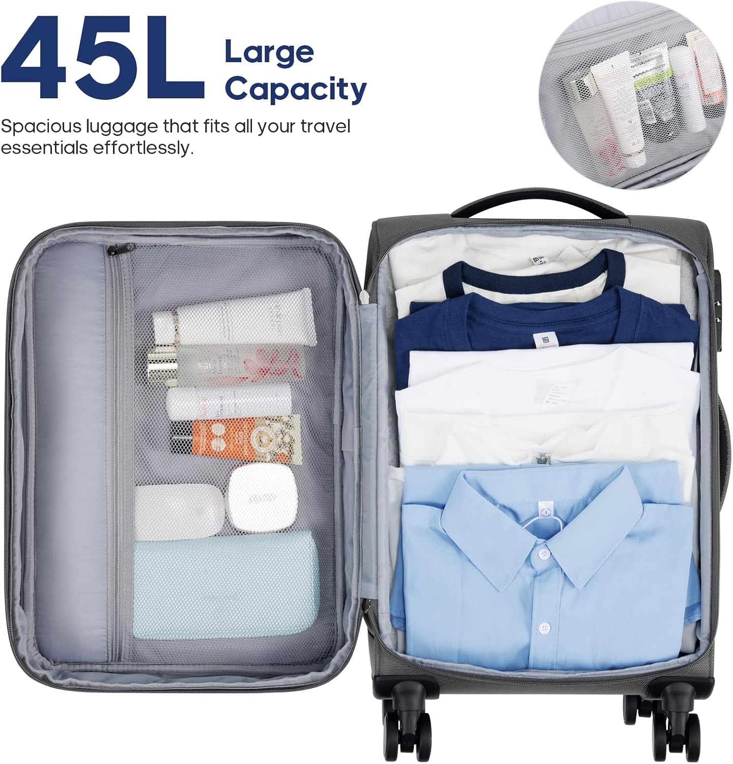 UKEIN Expandable Carry On Luggage 22x14x9 Airline Approved, 20Inch Softside Carry On Suitcase with Wheels & TSA Lock, Travel Suitcase with 4-Piece Packing Bags for Women Men (Grey, Carry on （20in）)