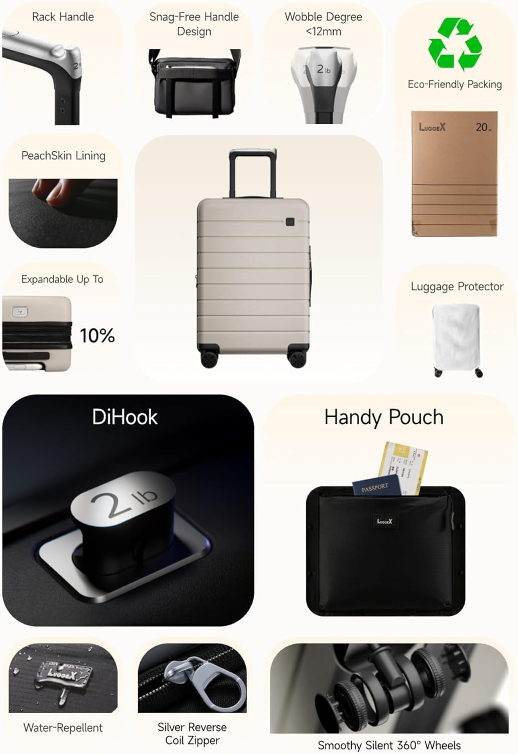 LUGGEX Carry On Luggage HUP3, Accelerate Access with DiHook, Handy Pouch, 20 inch Expandable Hard Shell Suitcases with Spinner Wheels