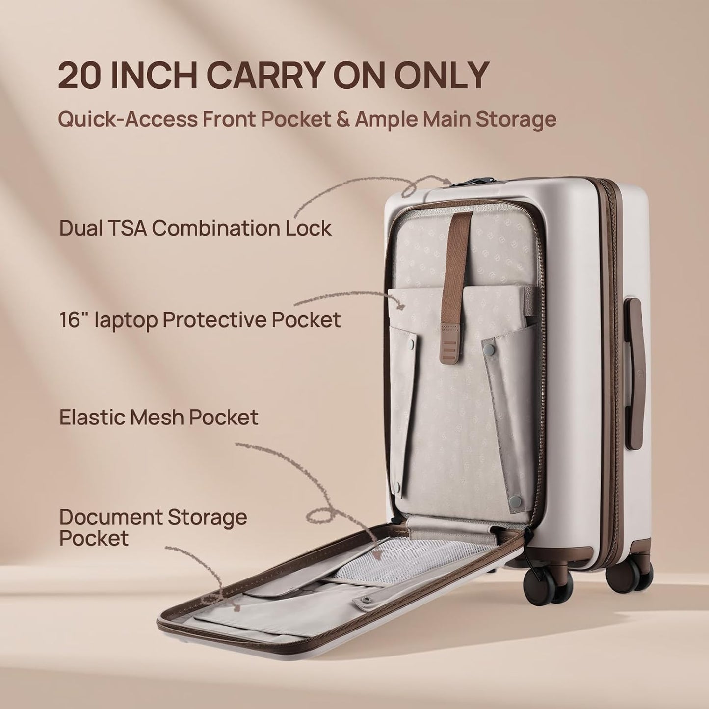 NINETYGO Carry On Luggage 22x14x9 Airline Approved, 20 Inch Suitcase with Front Compartment & Cup Holder, Coffee-Infused PC Hard Shell, Eco-Friendly, TSA Lock, 360° Spinner Wheels (Americaco)