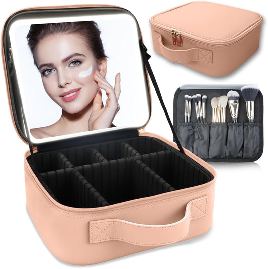 Makeup Bag with Led Mirror,Travel Makeup Organizer with 3 Color Setting, Portable Storage and Adjustable Dividers Travel Makeup Bag(khaki)