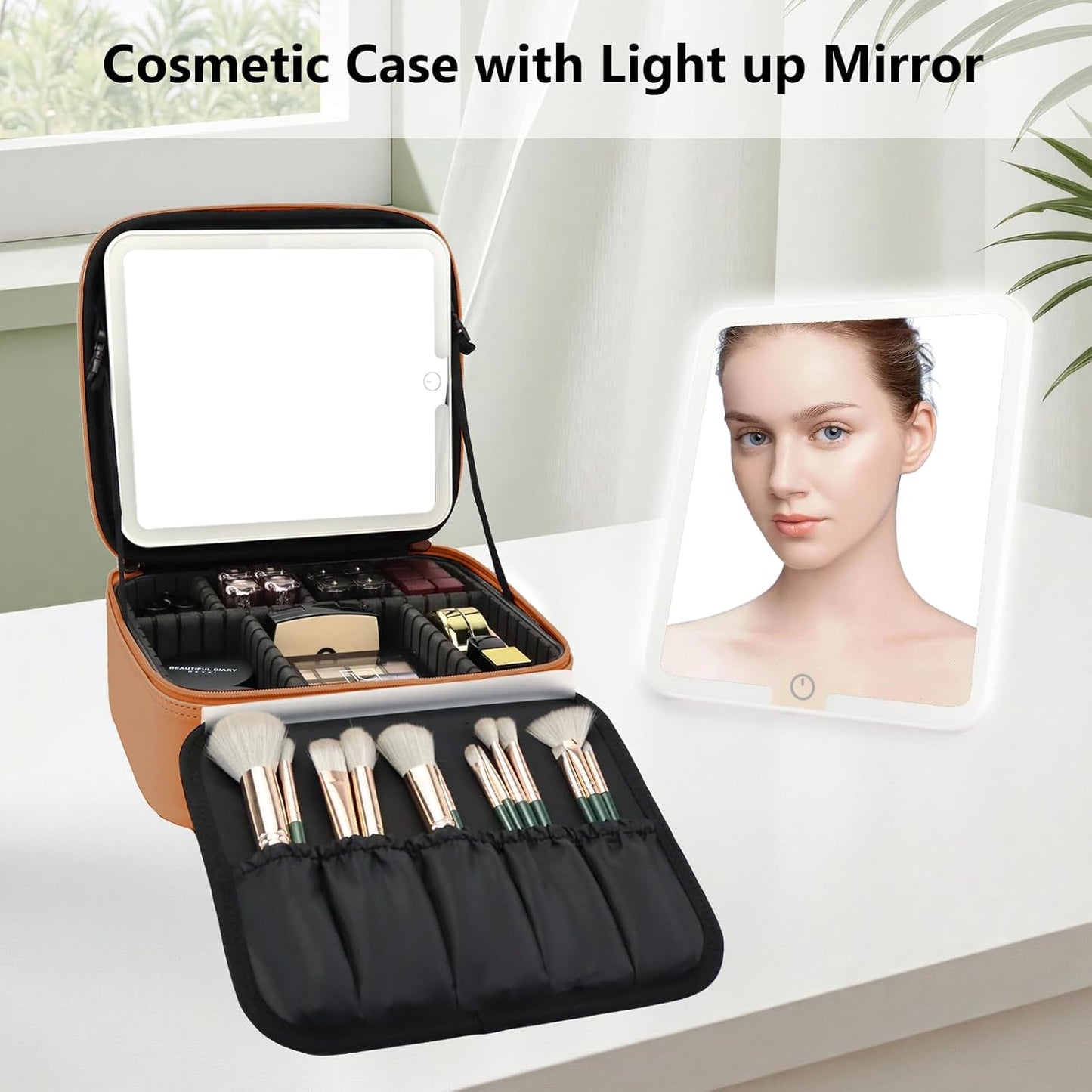 Travel Makeup Bag with LED Mirror Travel Makeup Organizer with 3 Lighted Settings, Adjustable Dividers and Makeup Brush Storage Bag Orange-Brown