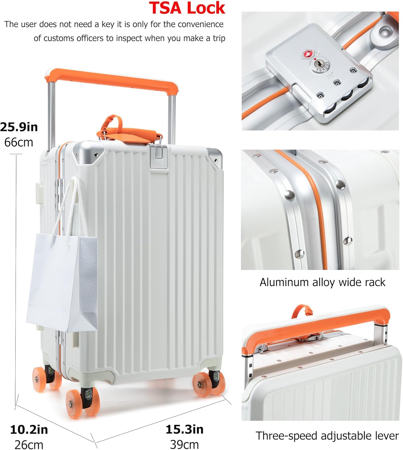 feilario 24" Aluminum Frame Wide Handle Hard Shell Carry On Suitcase - Vivid Colors Double Spinner Wheels Airline Approved Rolling Luggage with TSA Lock & Cup Holder (White, 24in)