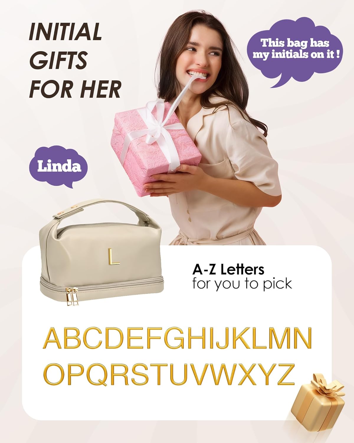 Initial Makeup Bag, Personalized Bags with Handle, Waterproof Double Layer Cosmetic Bag, Large Capacity PU Leather Makeup Bags Letter Travel Toiletry Bag with Makeup Brush Organizer