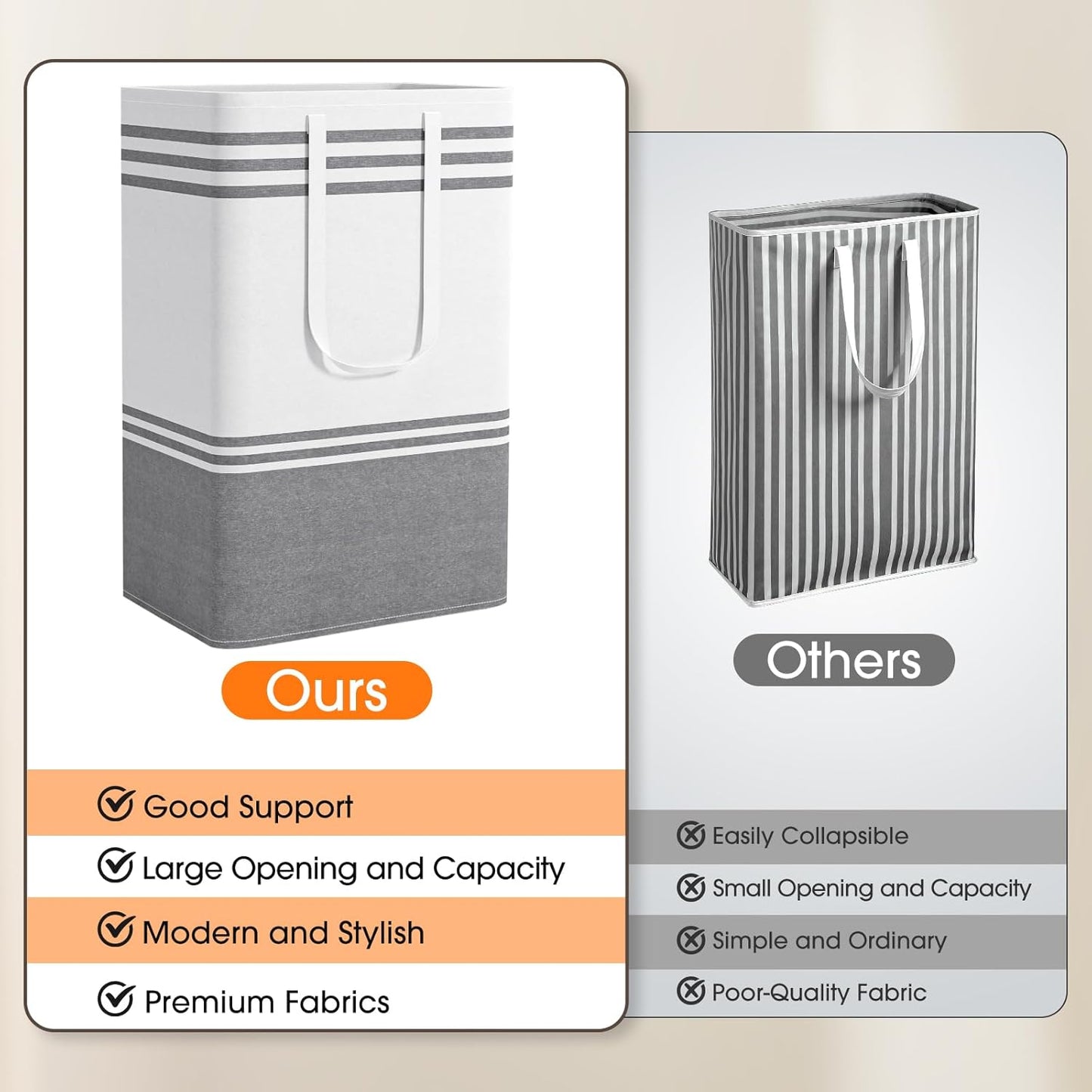 2 Pack Large Home Laundry Basket, Laundry Hamper, Freestanding Waterproof Dirty Clothes Bag, Tall Clothes Hamper - Extended & Reinforced Handles for College Dorm, Family (Light Grey/88L)